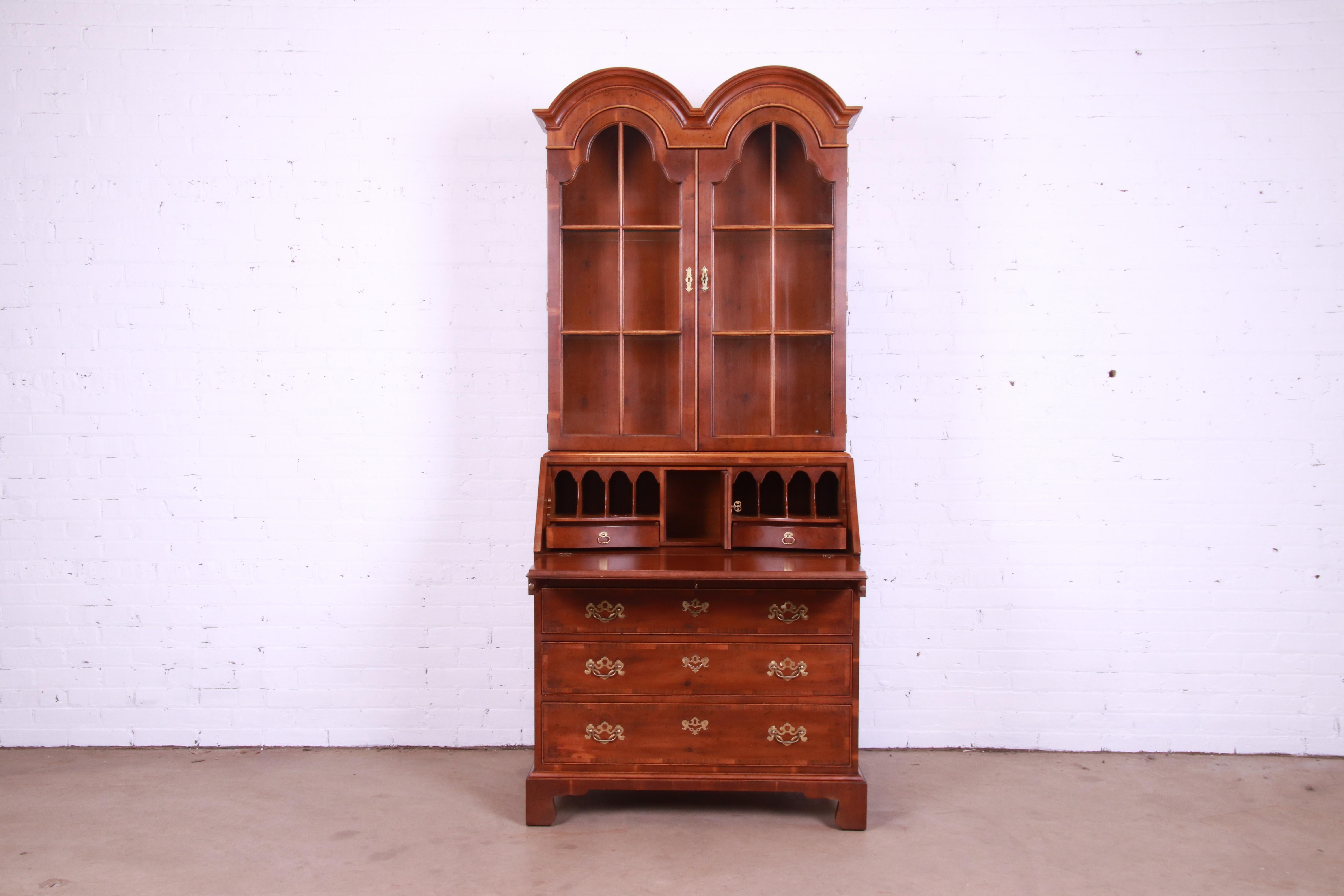 20th Century Henredon Georgian Yew Wood Drop Front Secretary Desk with Bookcase Hutch