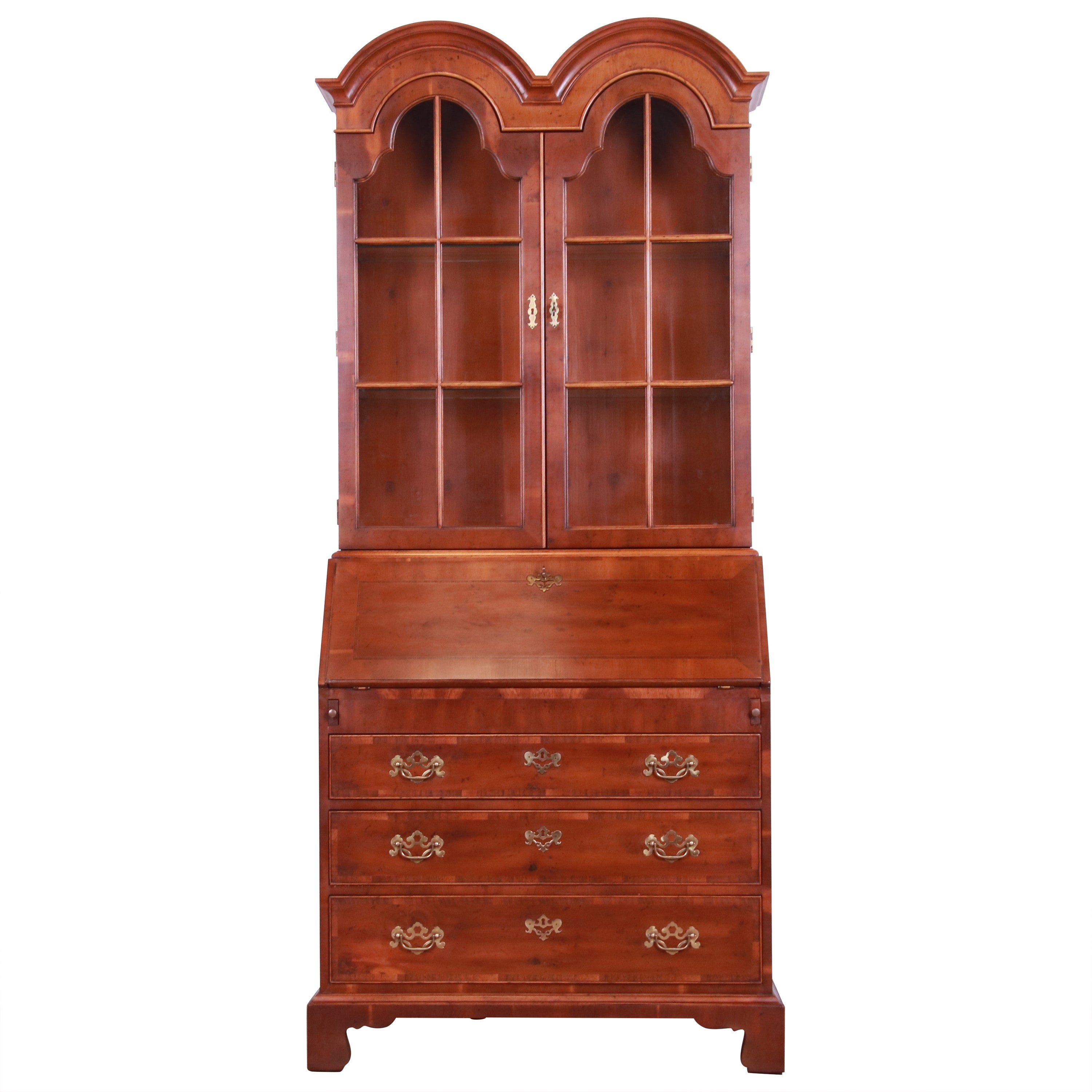 Henredon Georgian Yew Wood Drop Front Secretary Desk with Bookcase Hutch