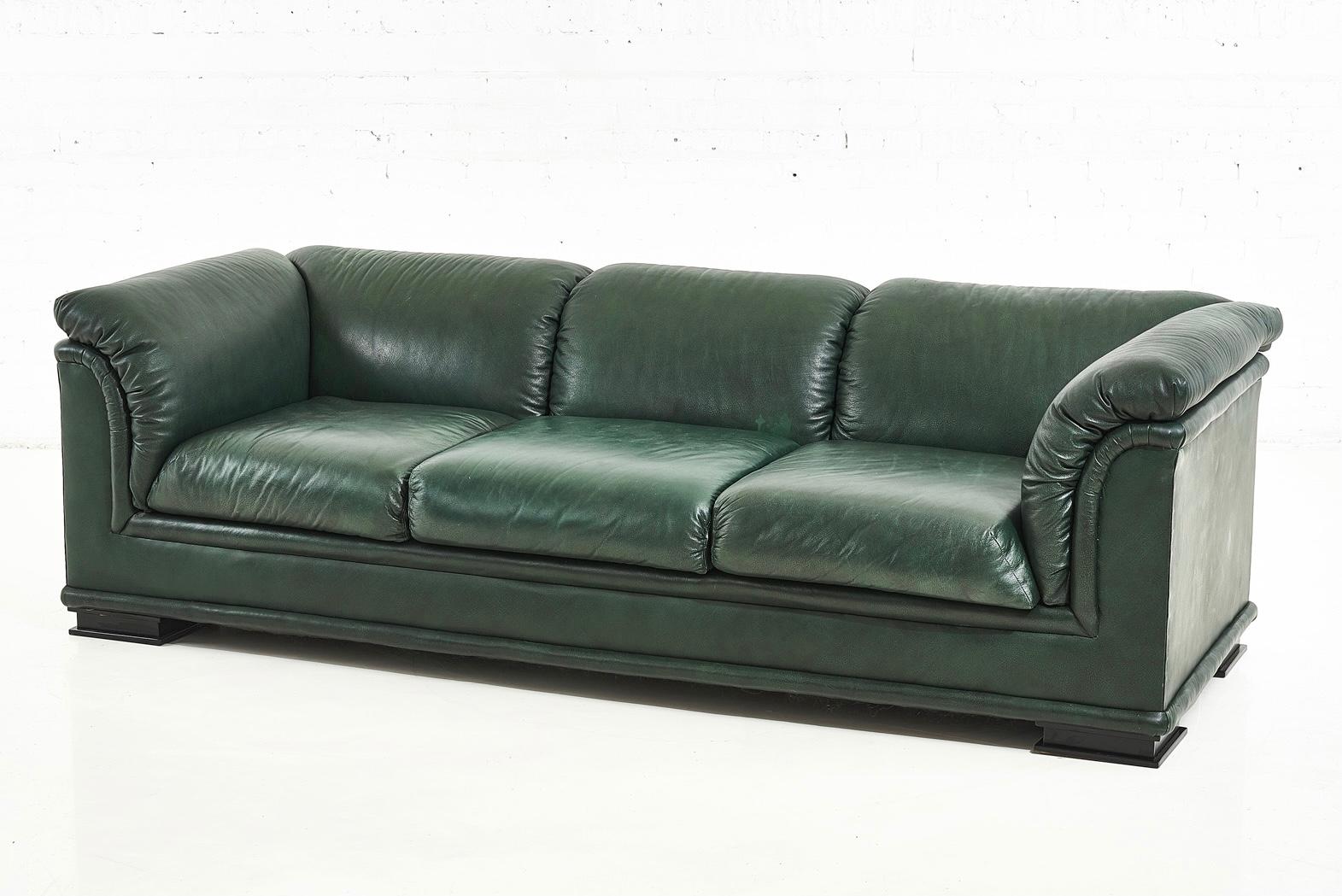 Henredon postmodern green leather sofa, 1980. Chair is listed separately.