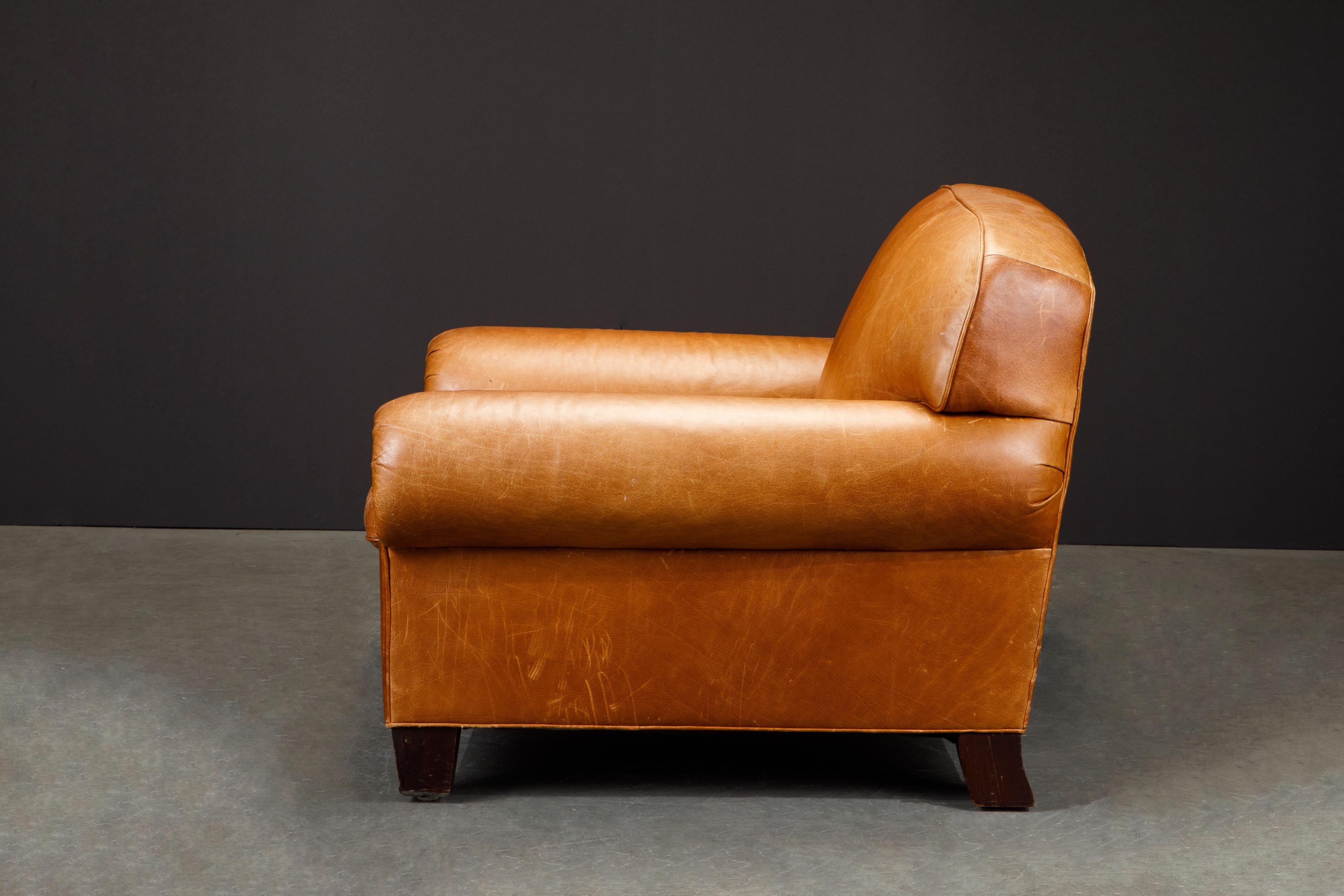 Henredon Heavy Leather Club Chair and Ottoman, Signed In Good Condition In Los Angeles, CA