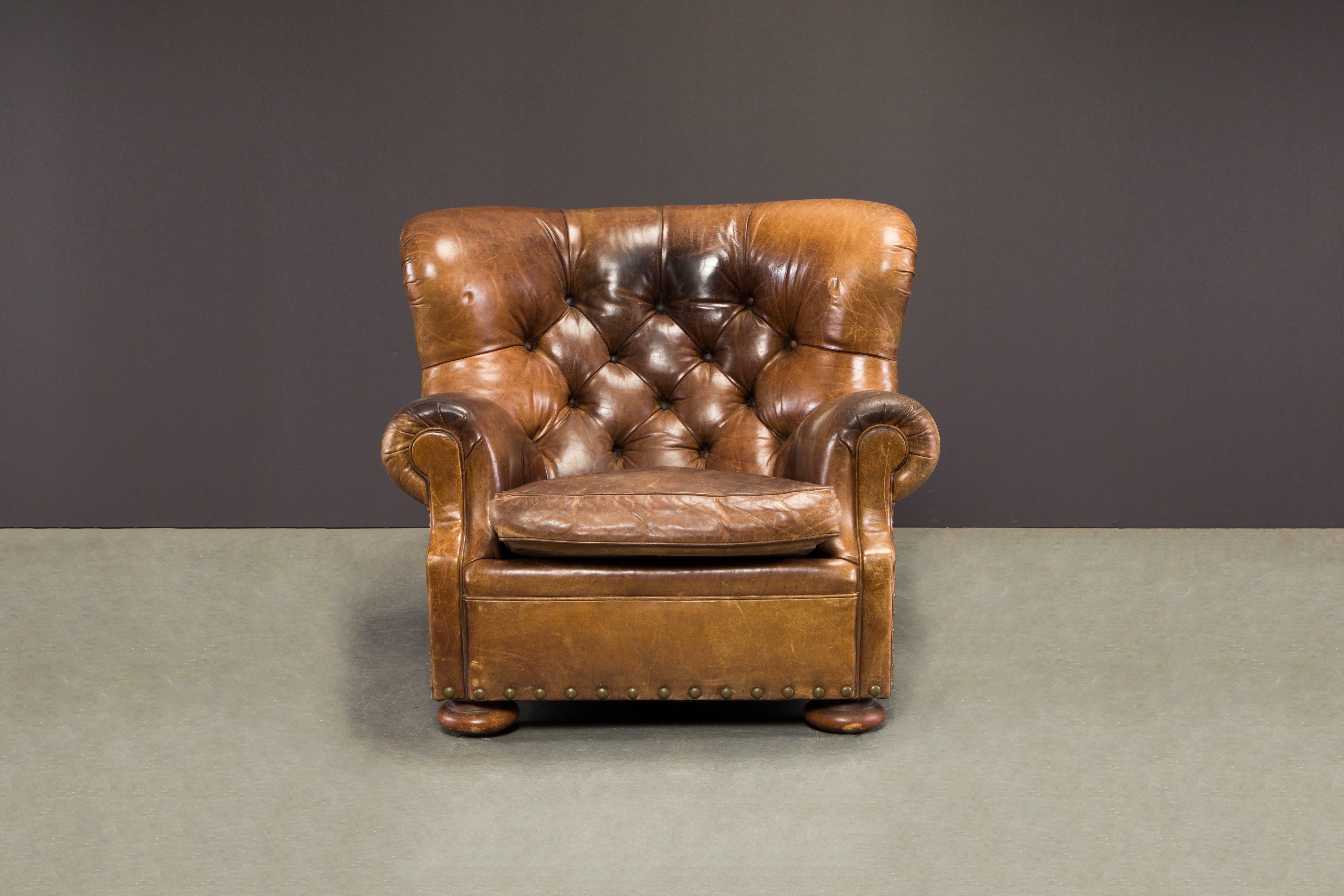 This gorgeous 'Writers' wingback club chair by Henredon for Ralph Lauren has such incredible lightly distressed and moderately patinated leather, very thick and quality natural hides were used in it's making. The original Writer's Chairs retailed by