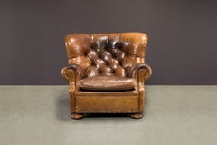 Henredon Heavy Leather Patinated Wingback Writer's Club Chair, Signed