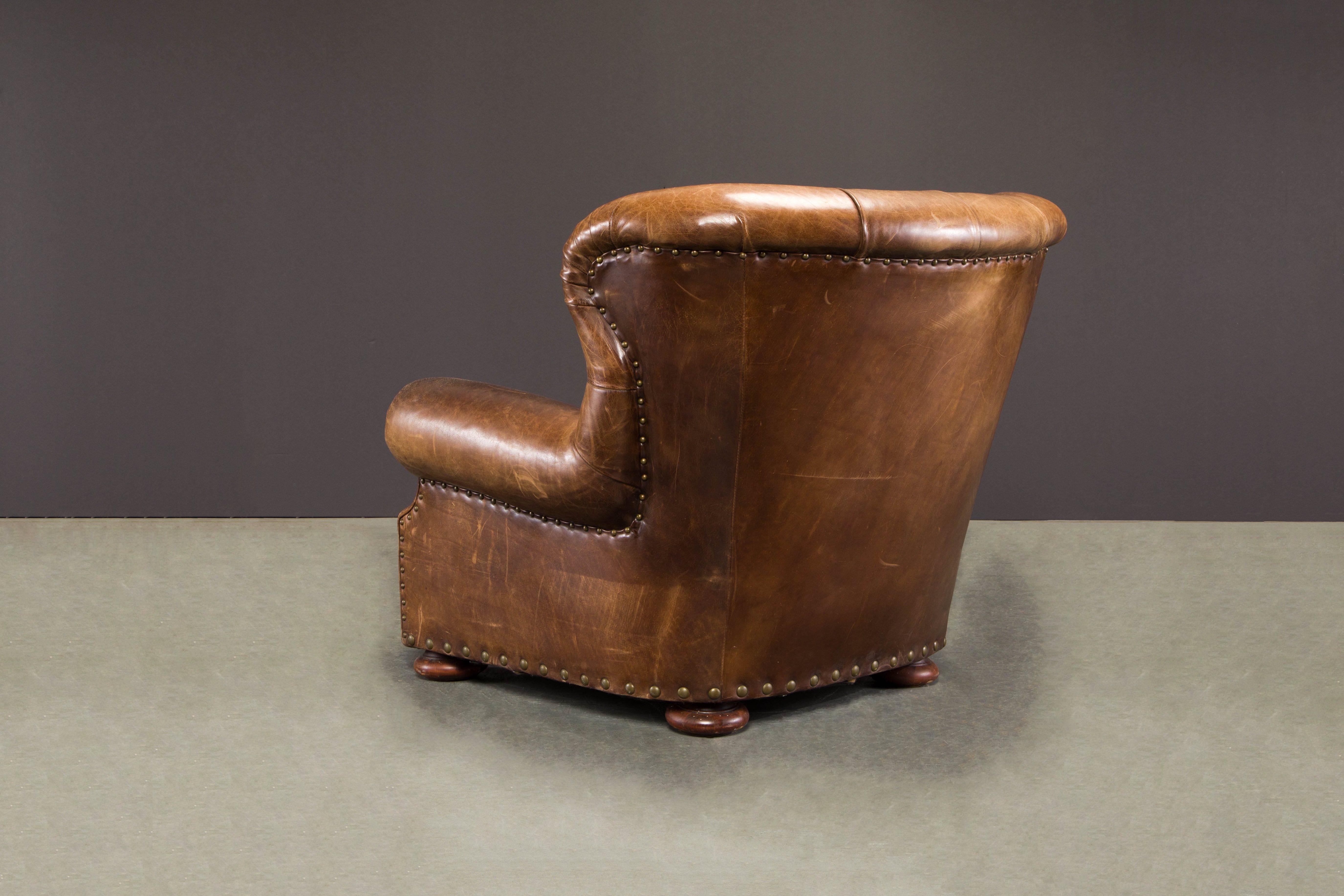 Henredon Heavy Leather Patinated Wingback Writer's Club Chair, Signed In Good Condition In Los Angeles, CA