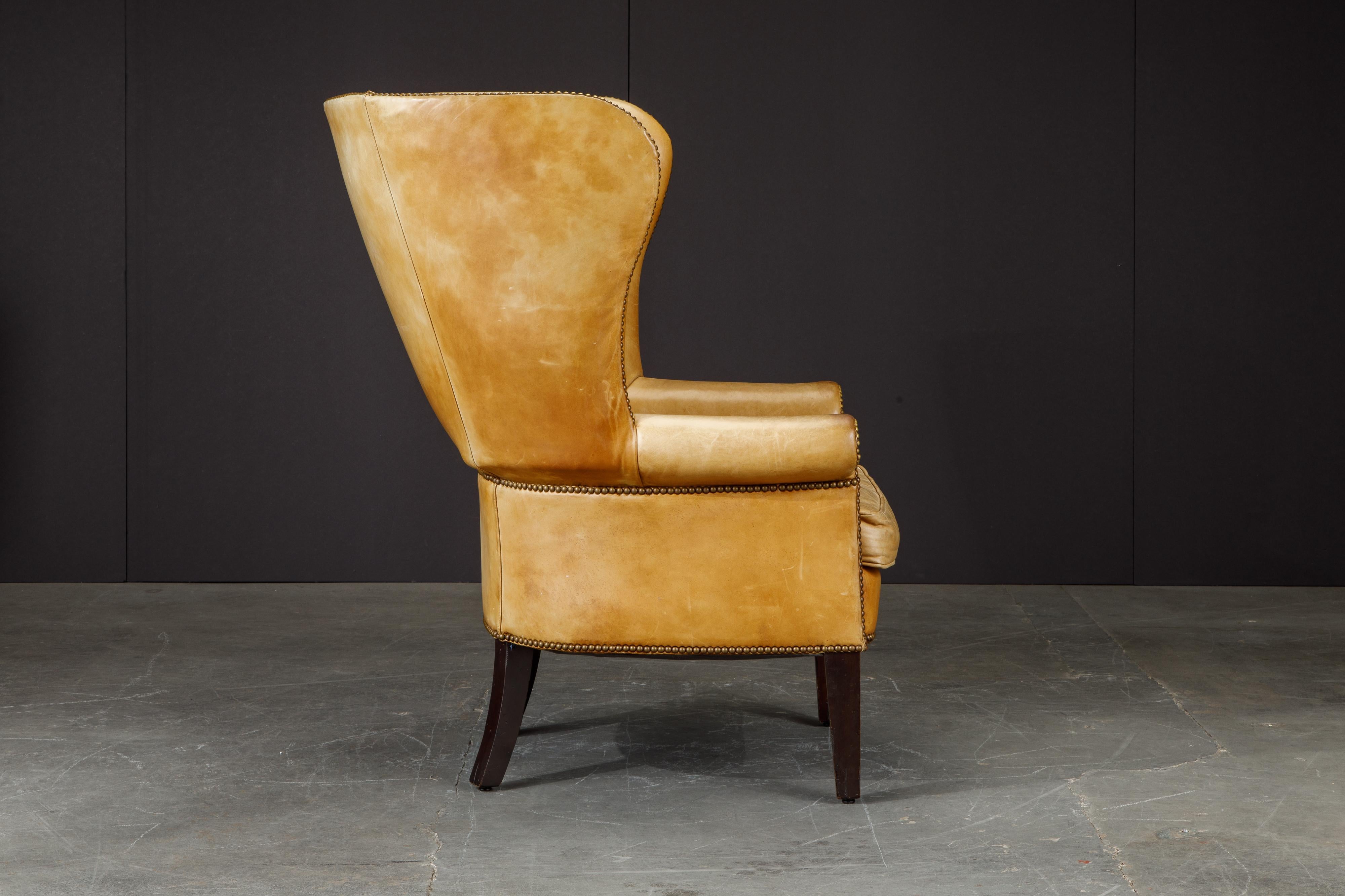 Henredon Heavy Leather Wingback Club Chair, Signed In Good Condition In Los Angeles, CA
