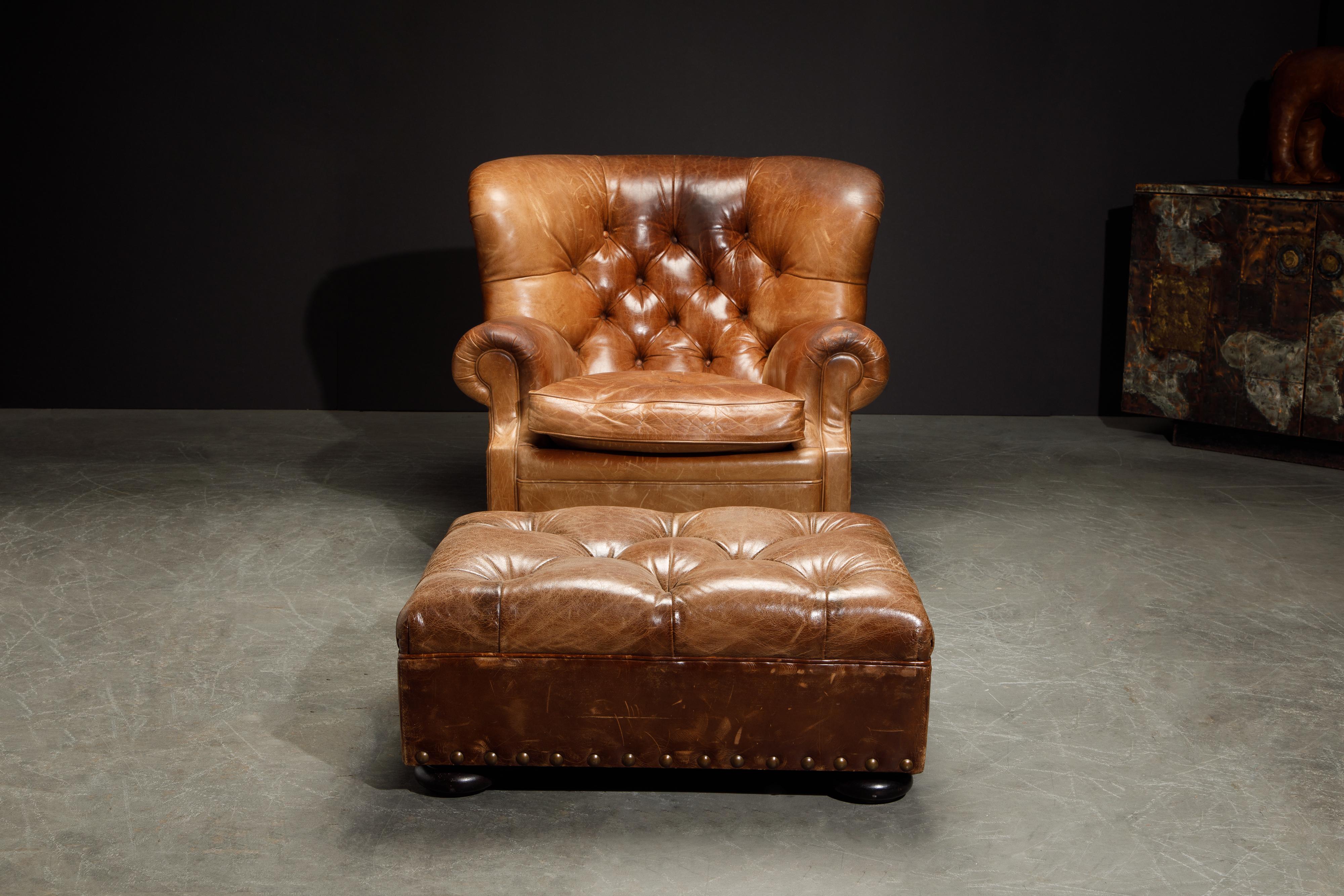 This gorgeous 'Writers' wingback club chair and ottoman by Henredon for Ralph Lauren has such incredible lightly distressed and moderately patinated leather, very thick and quality natural hides were used in it's making. The original Writer's Chairs