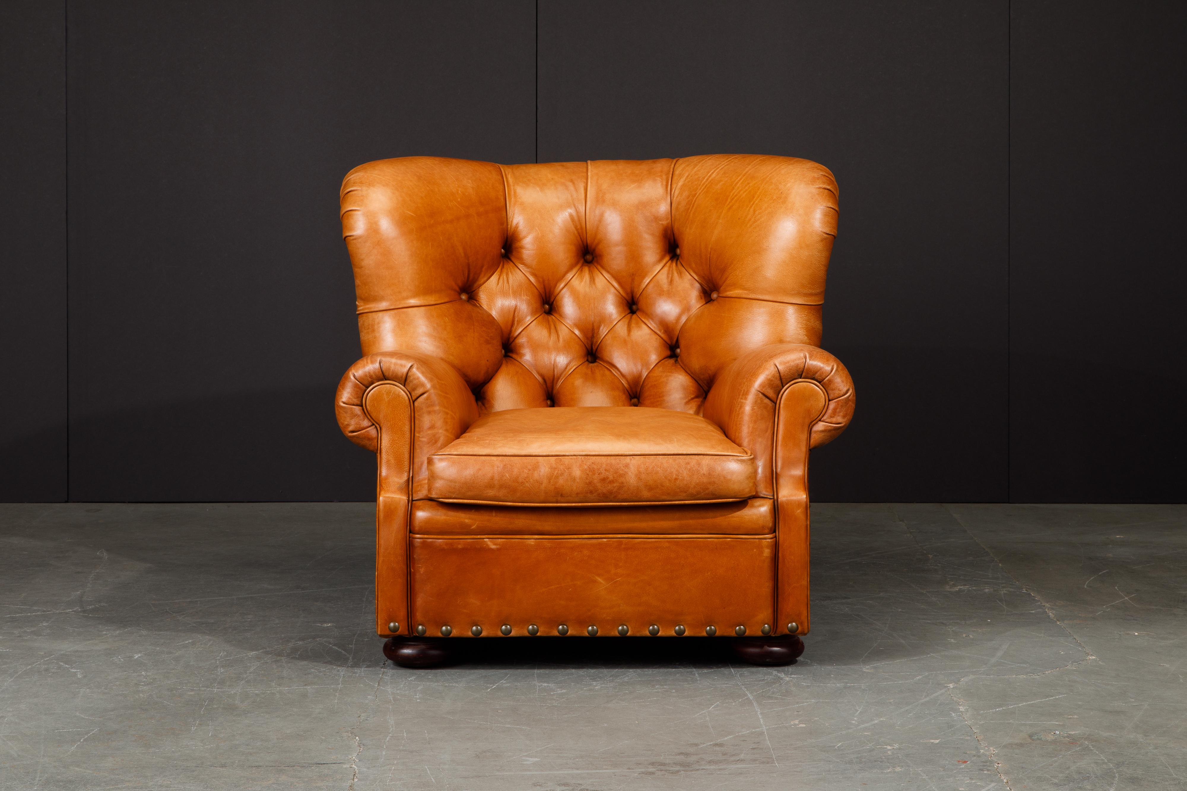 This gorgeous 'Writers' wingback club chair and ottoman by Henredon for Ralph Lauren has such incredible thick and quality natural leather hides. The original Writer's Chairs retailed by Ralph Lauren have been produced by Henredon in the United