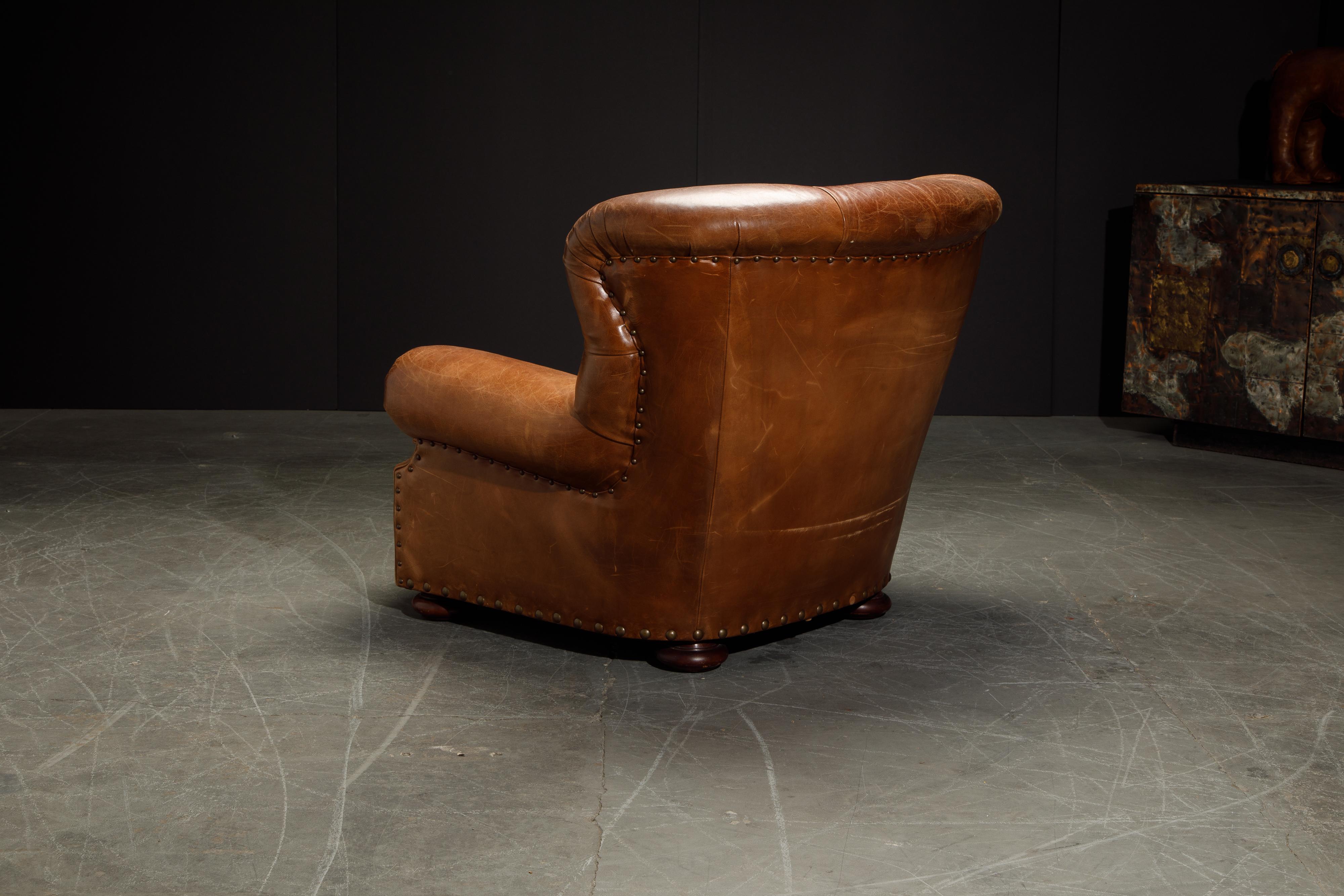 Henredon Heavy Leather Wingback Writer's Club Chair and Ottoman, Signed In Good Condition In Los Angeles, CA