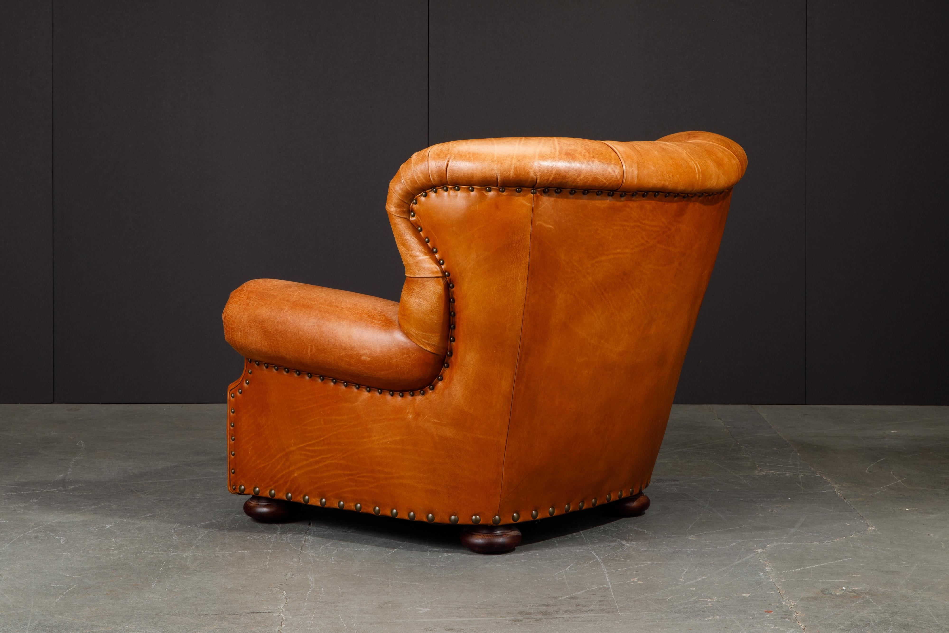 Henredon Heavy Leather Wingback Writer's Club Chair and Ottoman, Signed In Excellent Condition In Los Angeles, CA