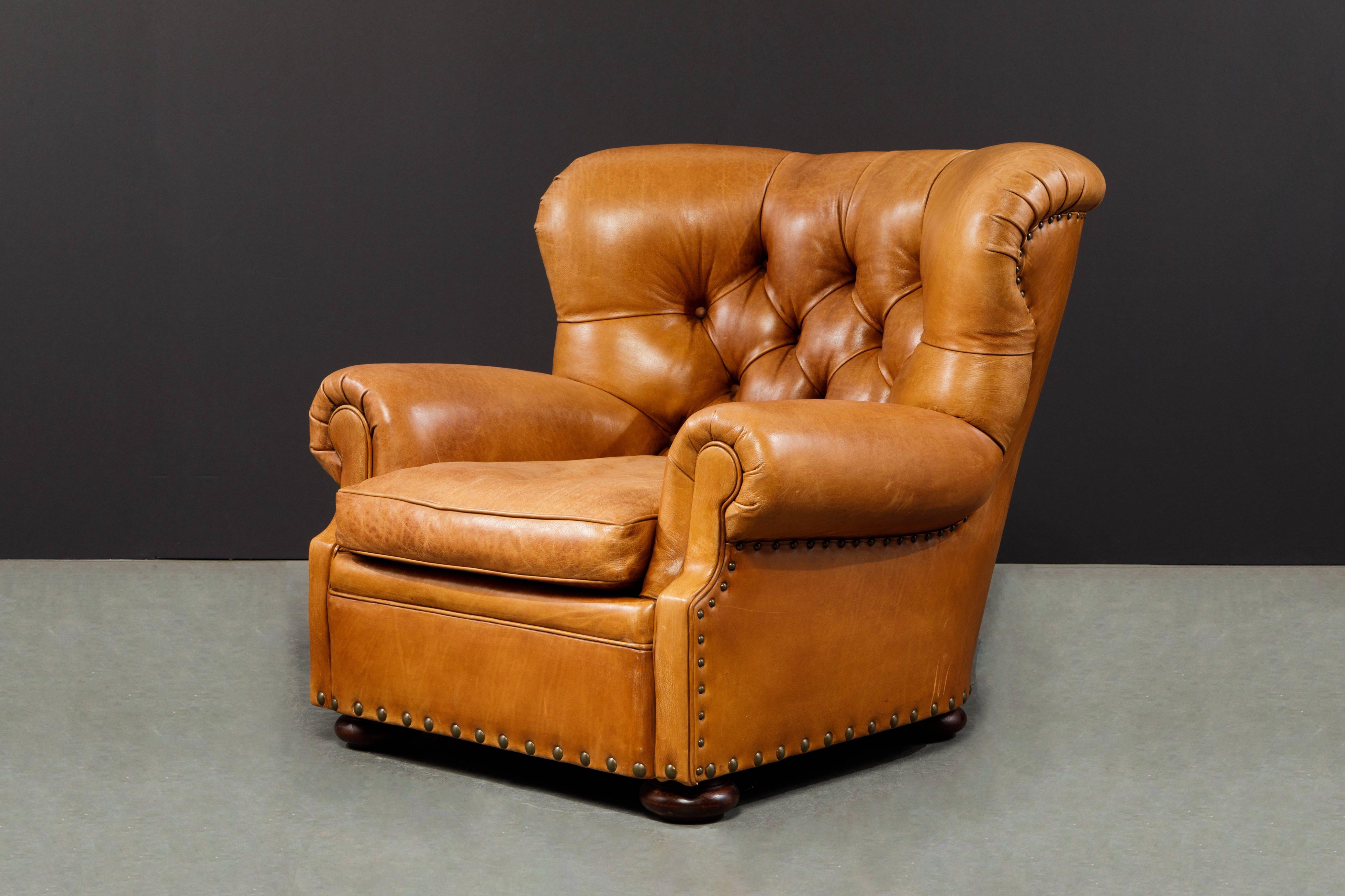 Henredon Heavy Thick Leather Wingback Writer's Club Chair, Signed 3