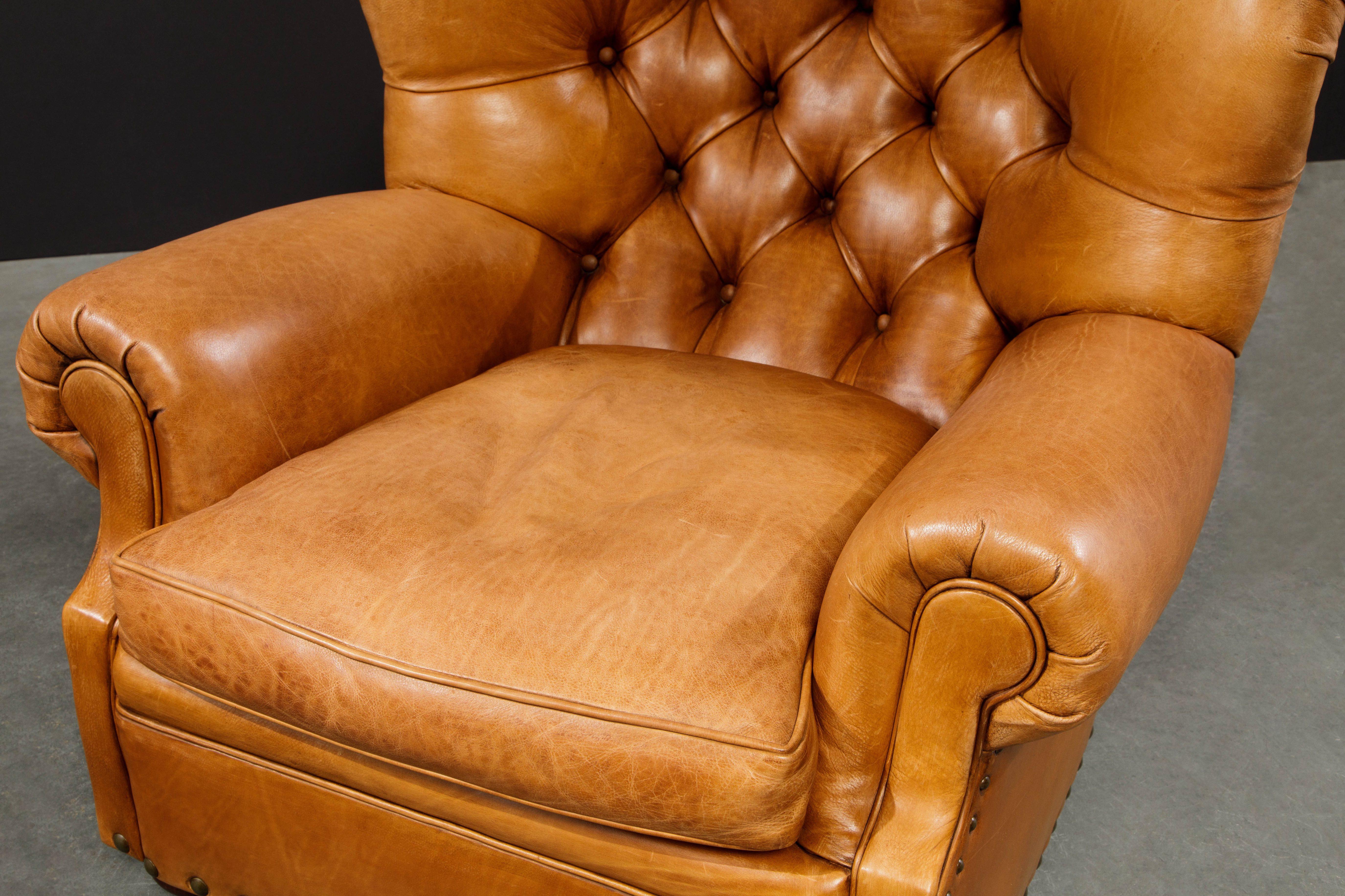 Henredon Heavy Thick Leather Wingback Writer's Club Chair, Signed 5