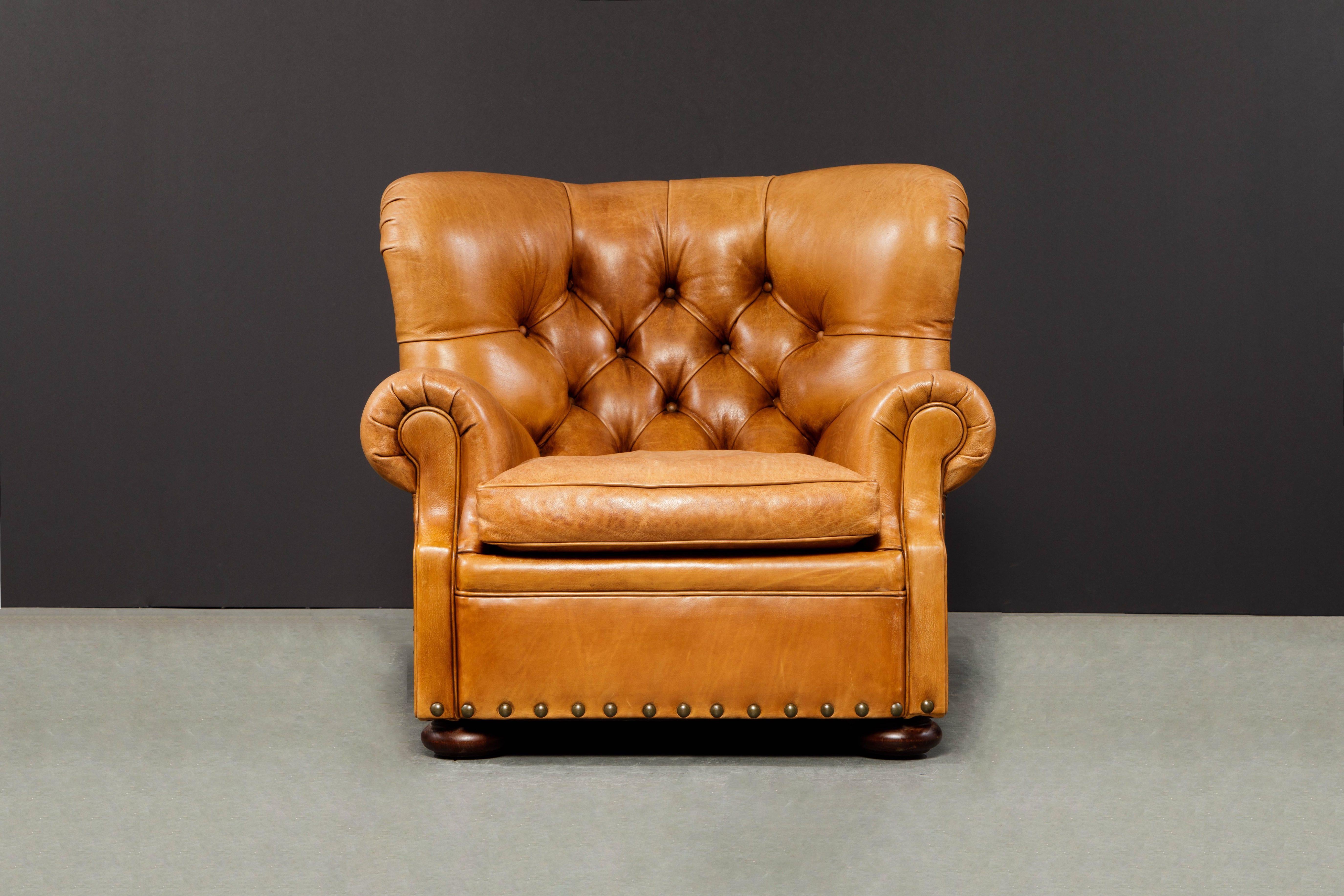 This gorgeous 'Writers' wingback club chair by Henredon for Ralph Lauren has such incredible leather, very thick and quality natural hides were used in it's making. The original Writer's Chairs retailed by Ralph Lauren have been produced by Henredon