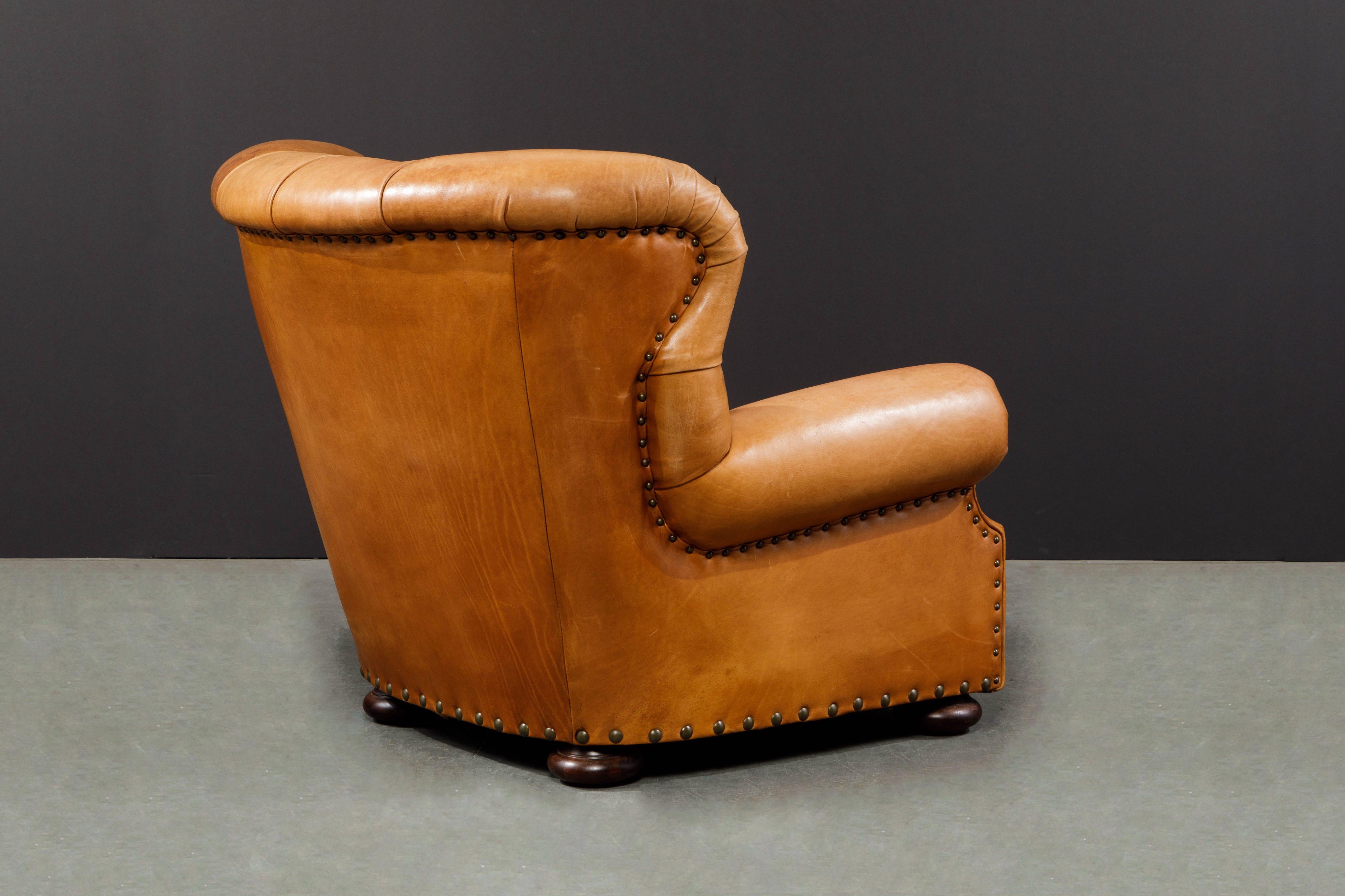 Henredon Heavy Thick Leather Wingback Writer's Club Chair, Signed In Good Condition In Los Angeles, CA
