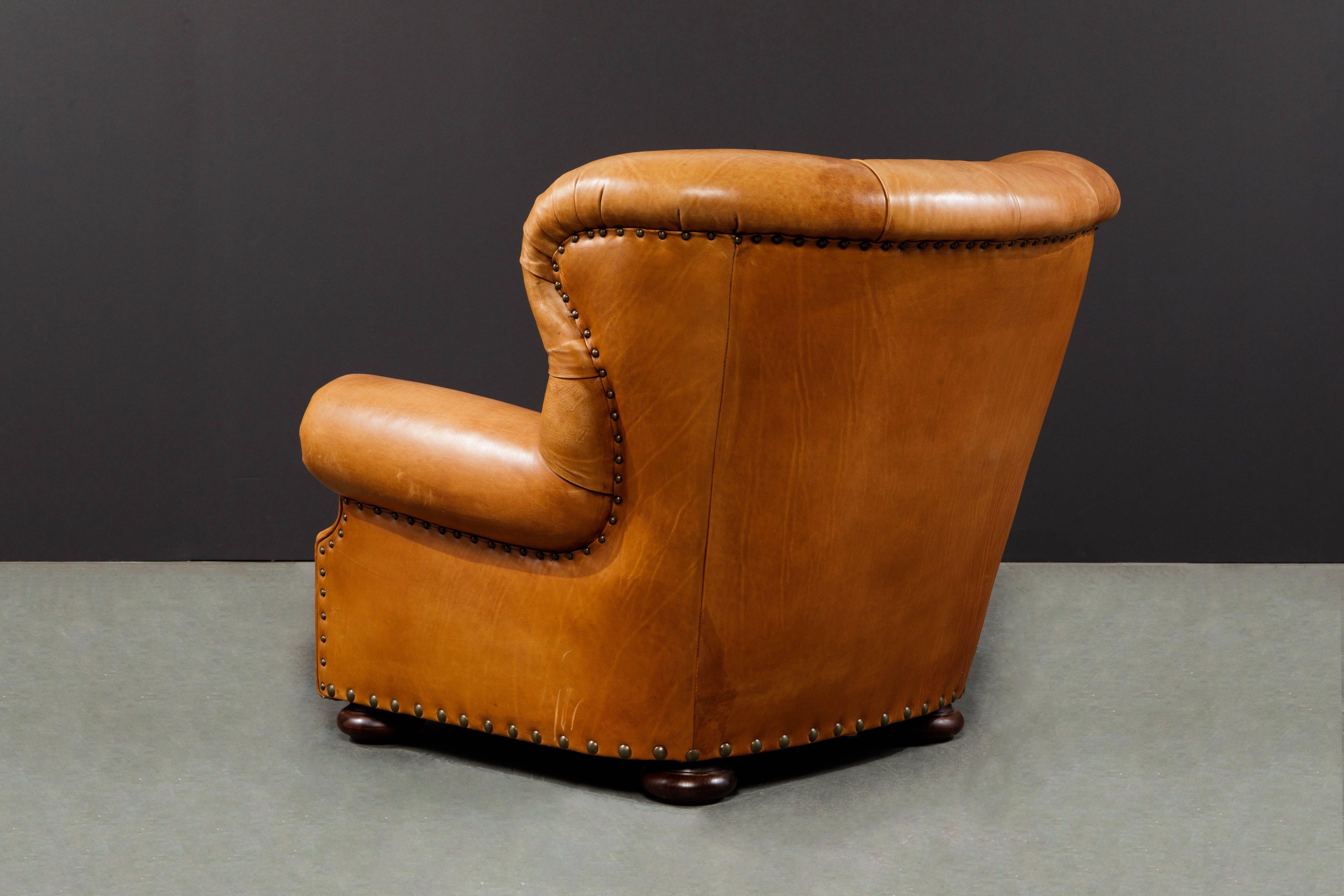Henredon Heavy Thick Leather Wingback Writer's Club Chair, Signed 1