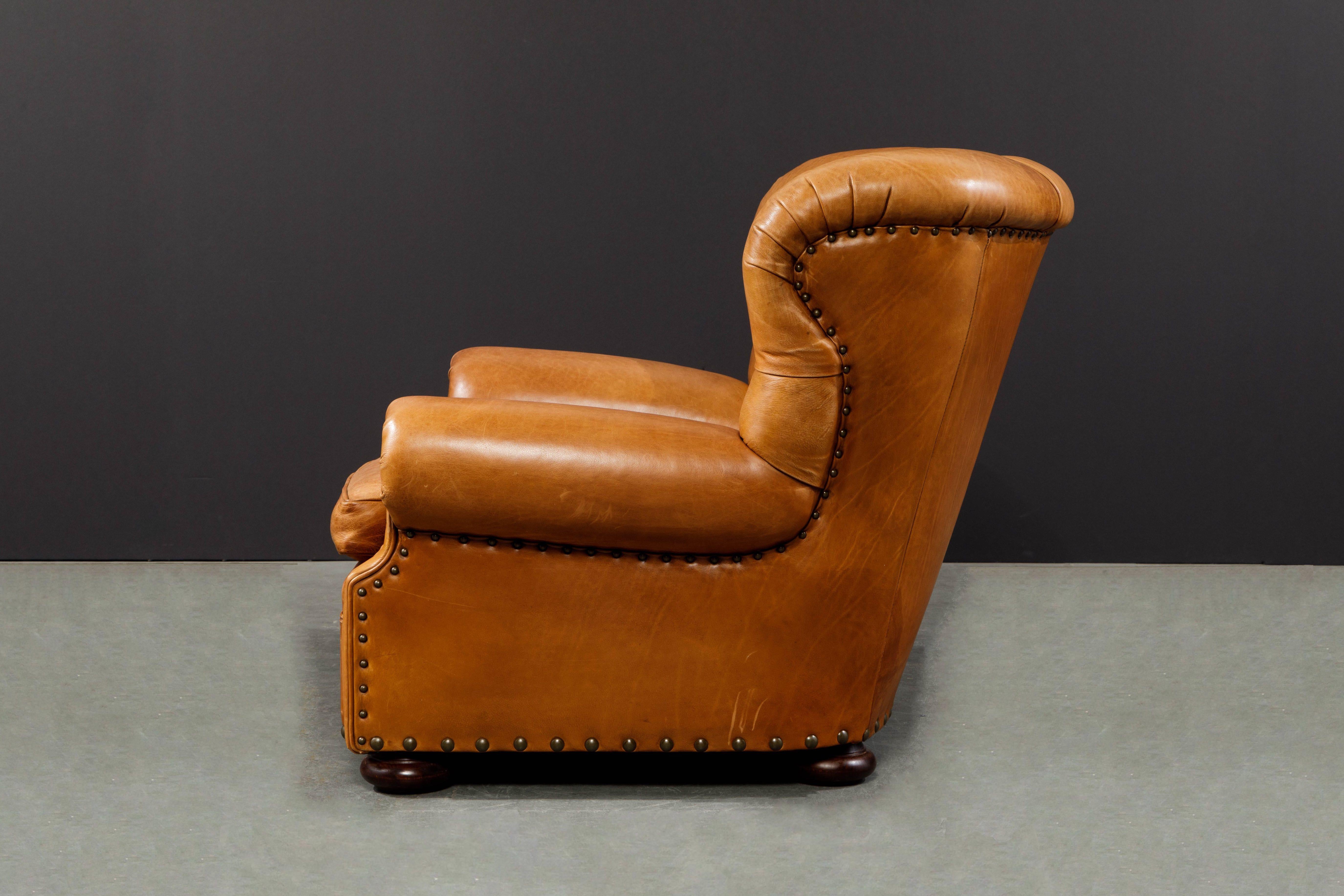 Henredon Heavy Thick Leather Wingback Writer's Club Chair, Signed 2
