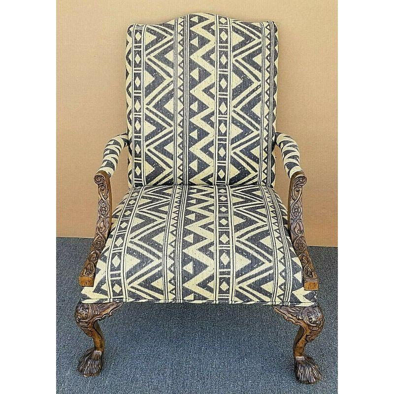 Henredon Historic Natchez Collection Georgian style carved mahogany library armchair

Upholstered in a heavy cotton fabric and coloration is a very pale yellow background with a very dark blue design.

Approximate Measurements in Inches
43