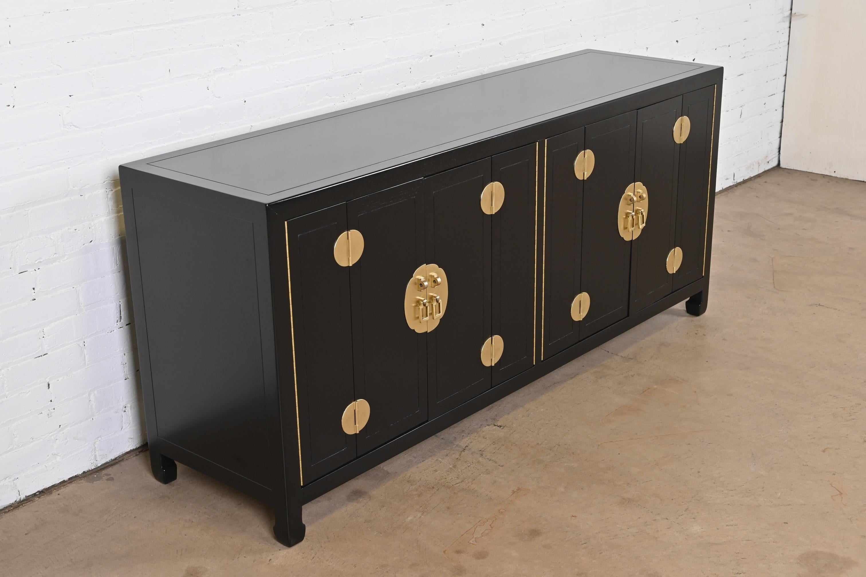 American Henredon Hollywood Regency Black Lacquer and Brass Credenza, Newly Refinished