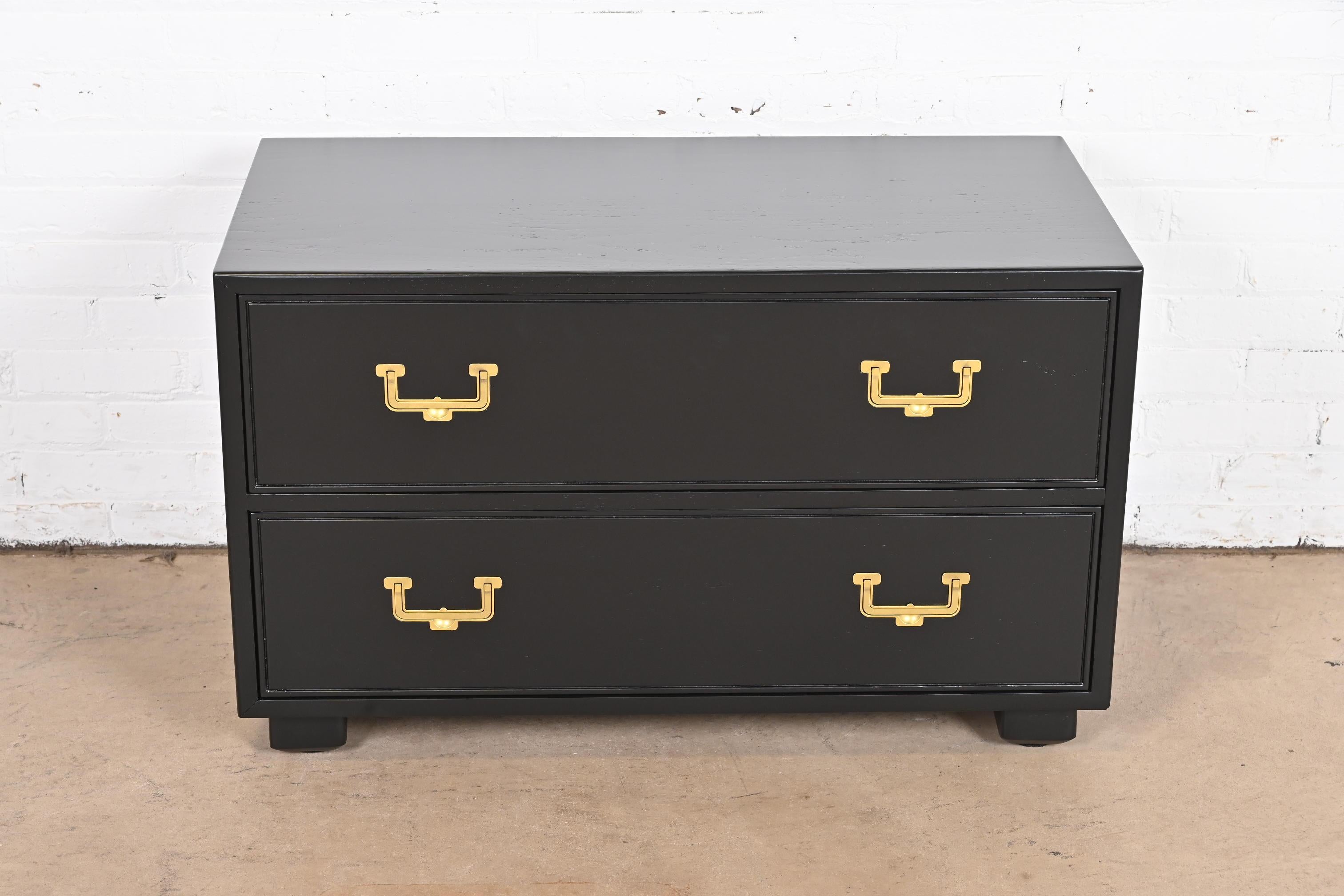 American Henredon Hollywood Regency Black Lacquered Campaign Chest of Drawers, Refinished For Sale