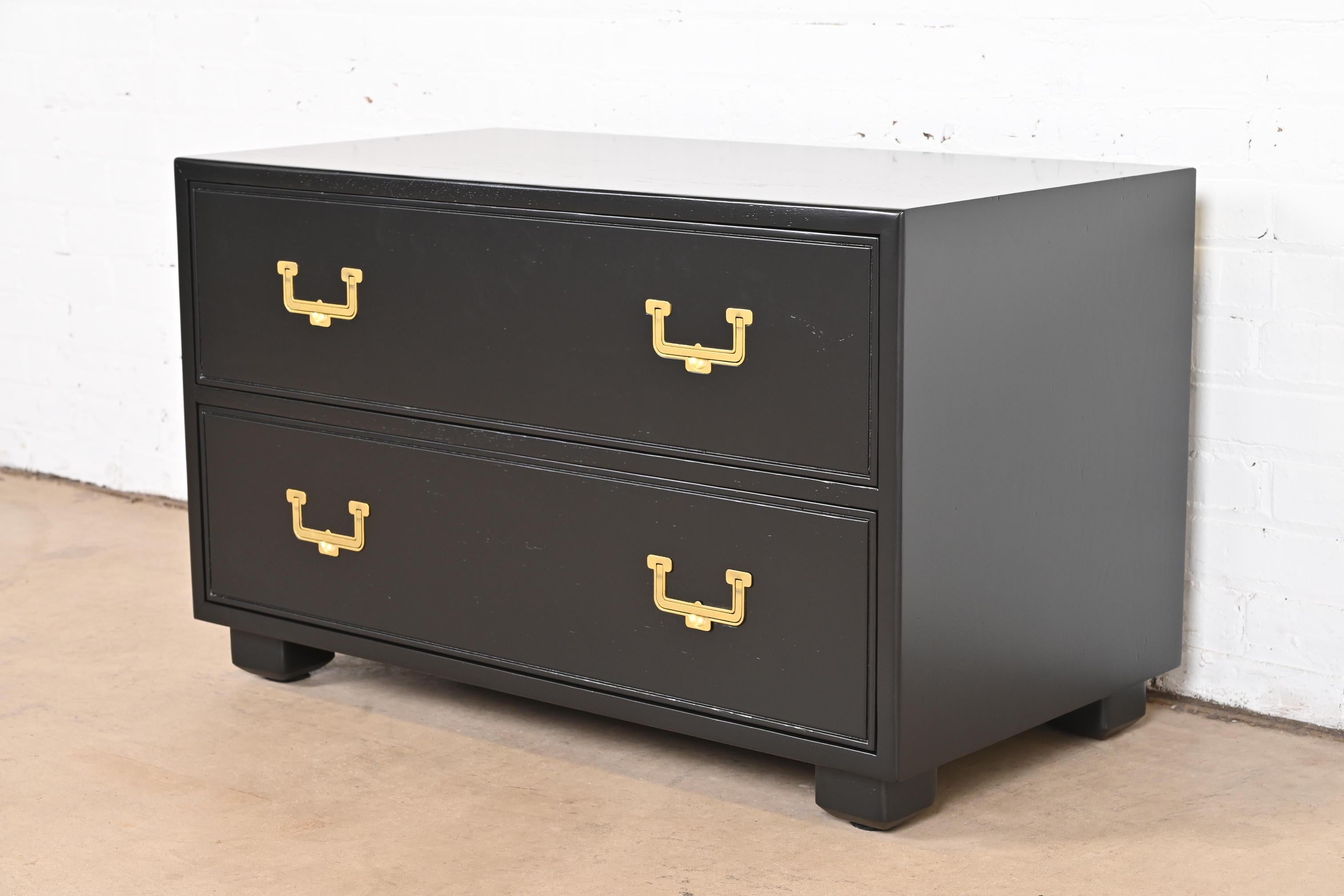 Brass Henredon Hollywood Regency Black Lacquered Campaign Chest of Drawers, Refinished For Sale