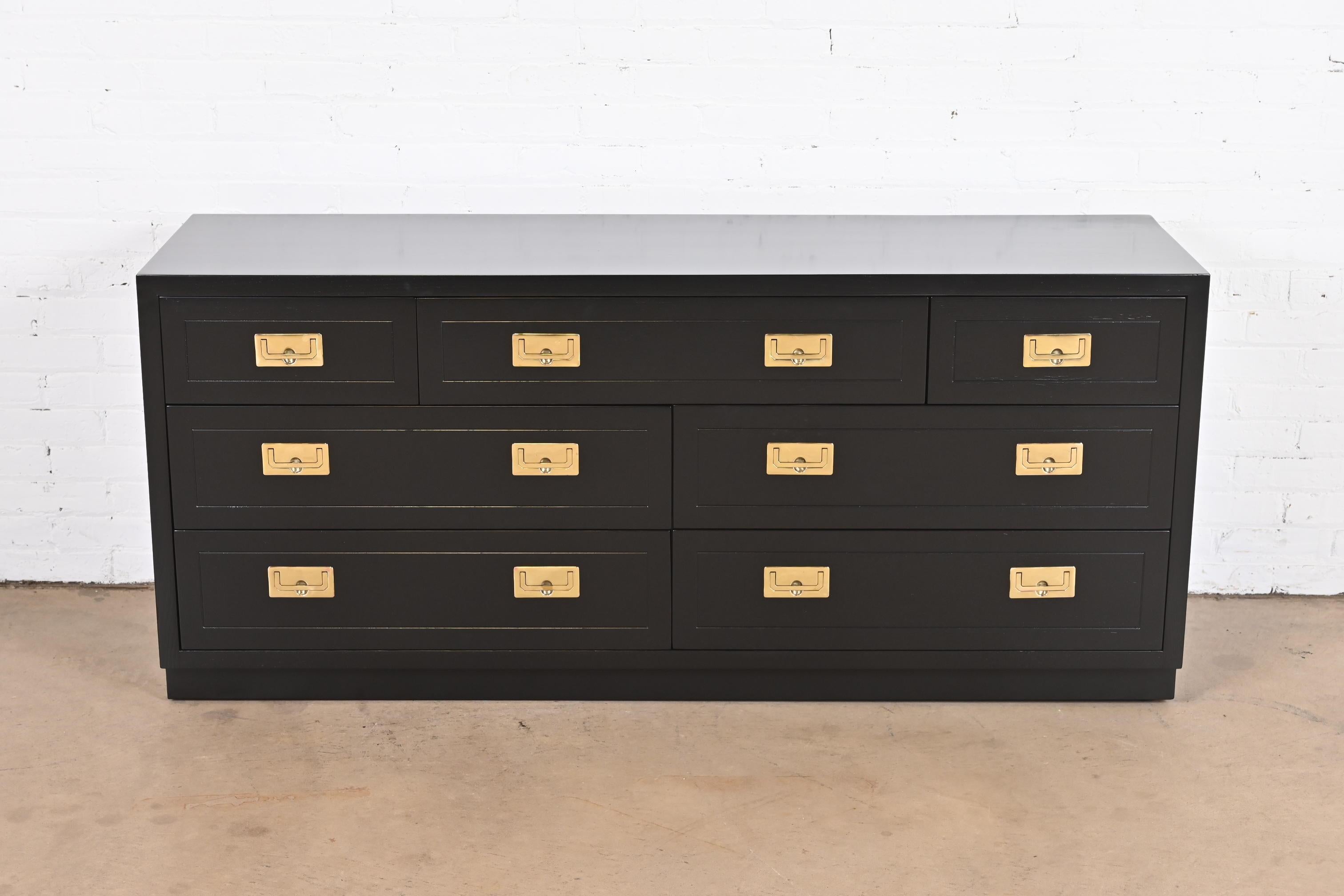 American Henredon Hollywood Regency Black Lacquered Campaign Dresser, Newly Refinished