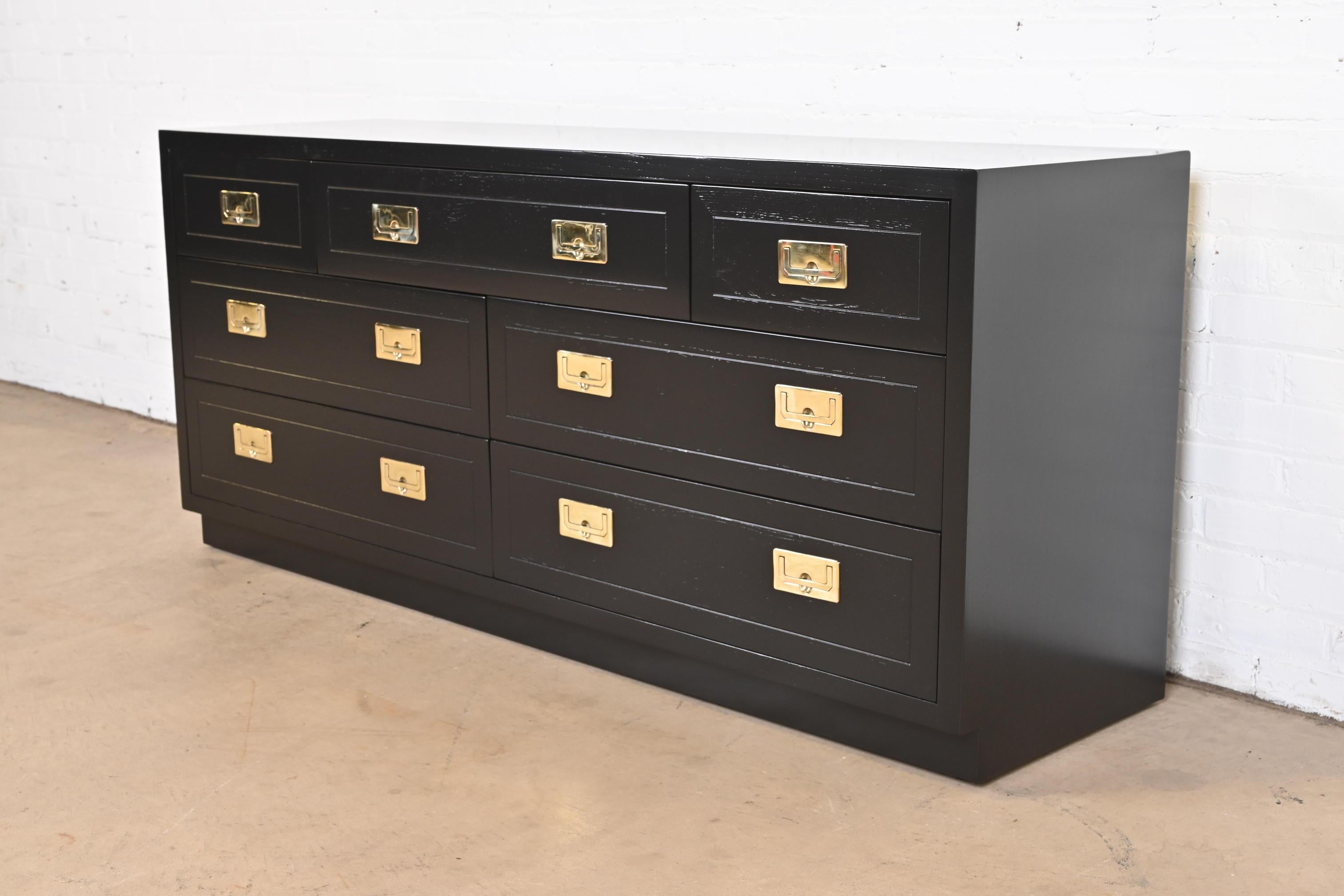 Late 20th Century Henredon Hollywood Regency Black Lacquered Campaign Dresser, Newly Refinished For Sale