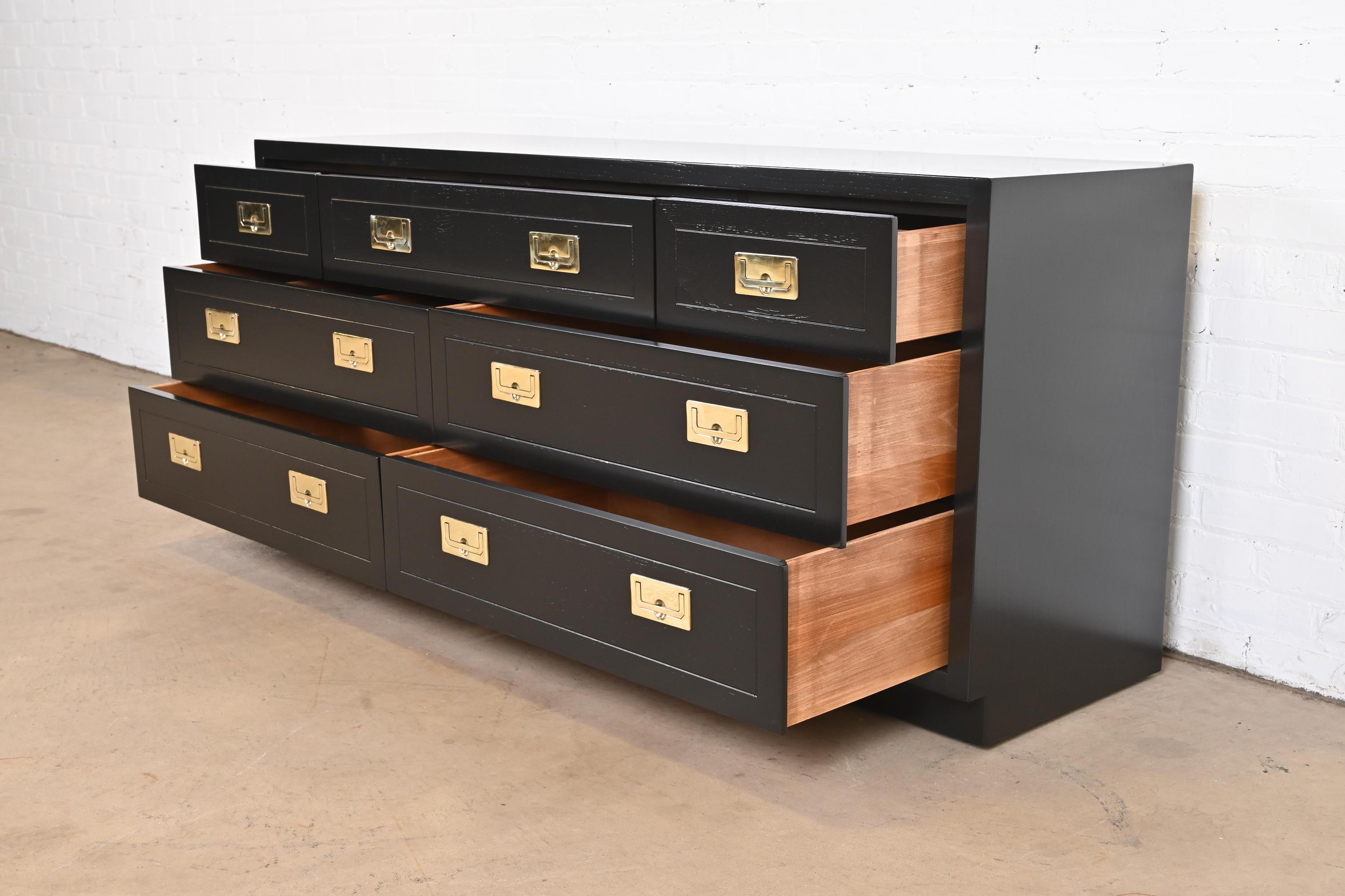 Brass Henredon Hollywood Regency Black Lacquered Campaign Dresser, Newly Refinished For Sale