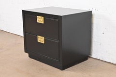 Henredon Hollywood Regency Black Lacquered Campaign Nightstand, Newly Refinished