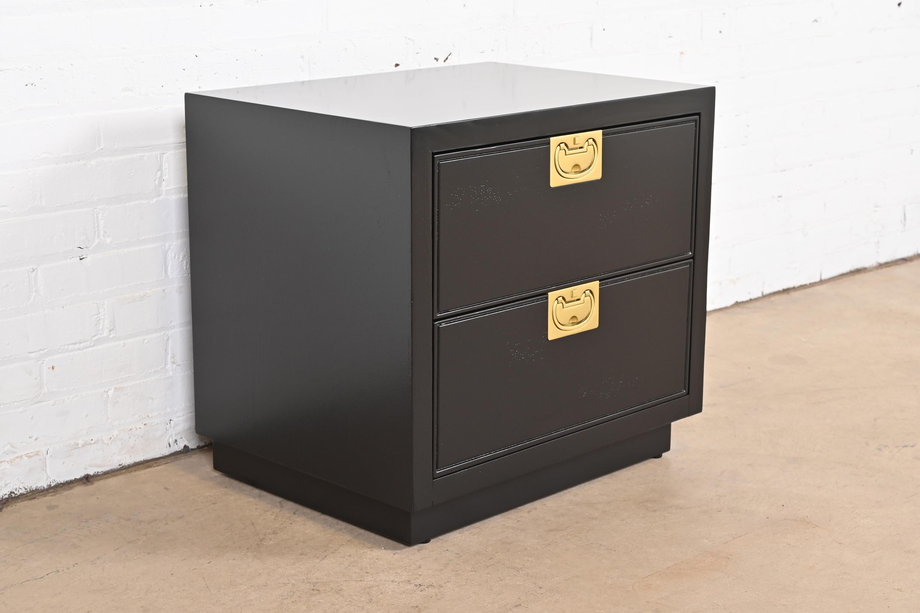 Brass Henredon Hollywood Regency Black Lacquered Campaign Nightstand, Newly Refinished For Sale