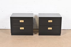 Henredon Hollywood Regency Black Lacquered Campaign Nightstands, Refinished