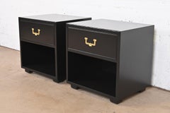 Henredon Hollywood Regency Black Lacquered Campaign Nightstands, Refinished
