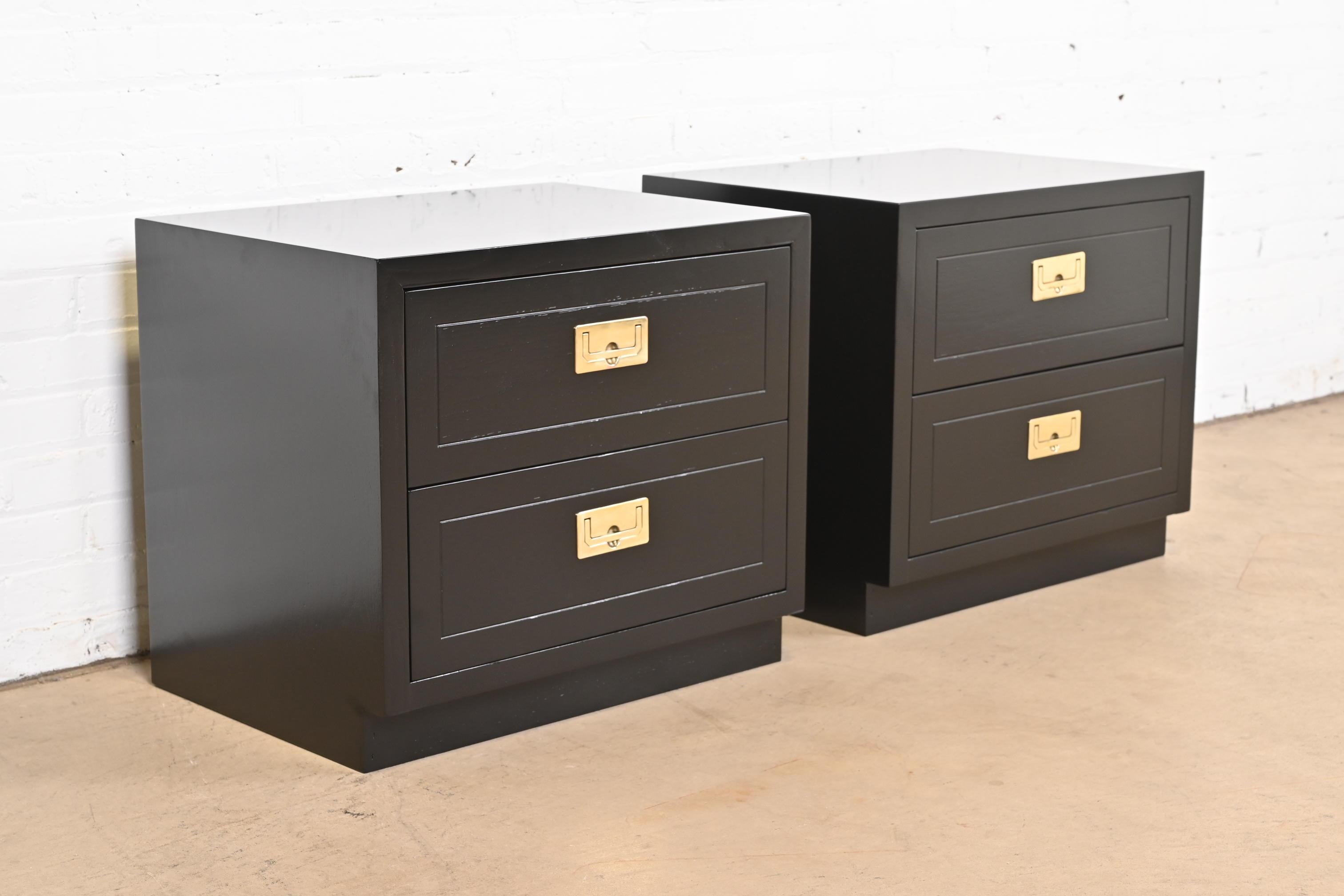 Brass Henredon Hollywood Regency Black Lacquered Campaign Nightstands, Refinished