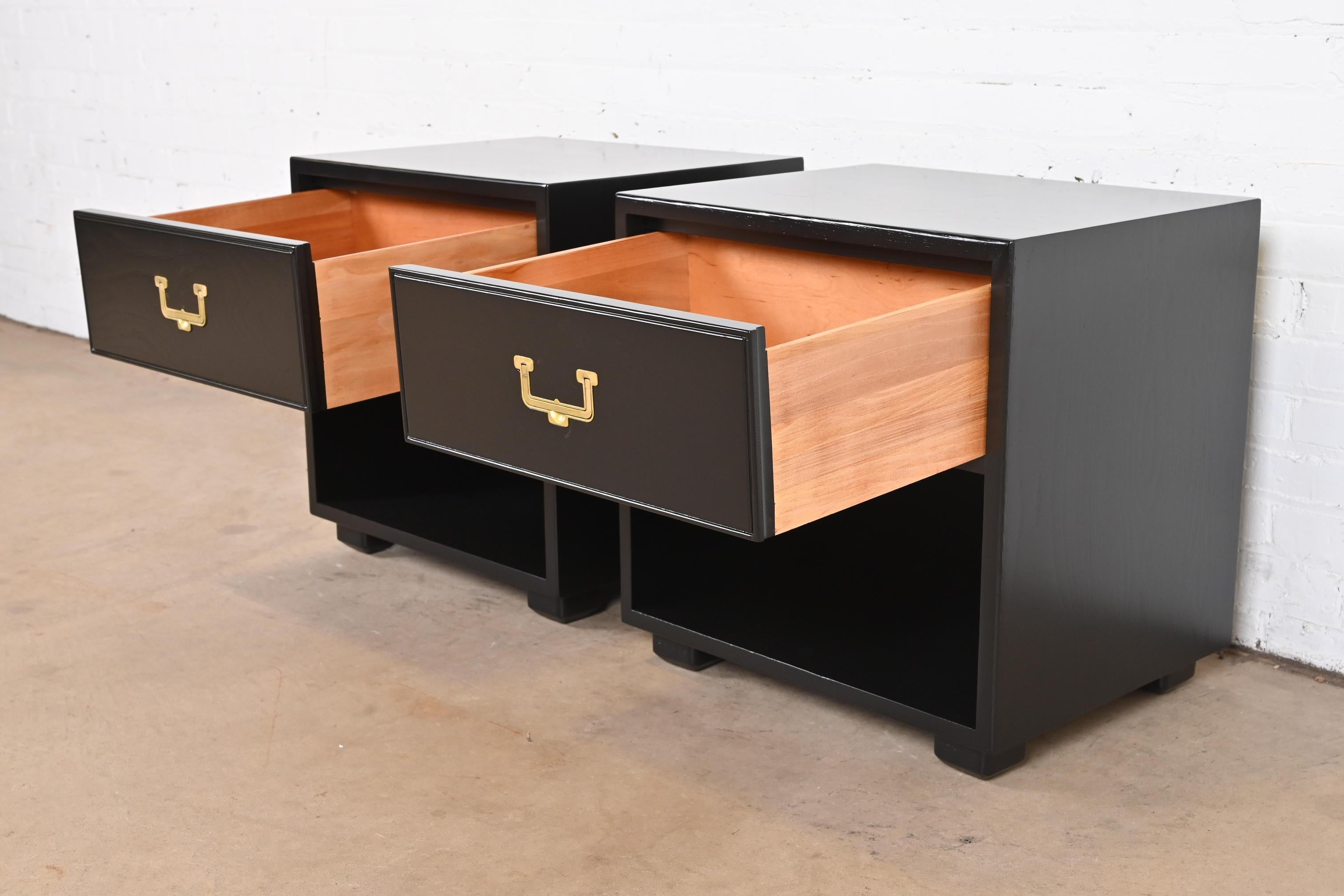 Brass Henredon Hollywood Regency Black Lacquered Campaign Nightstands, Refinished For Sale