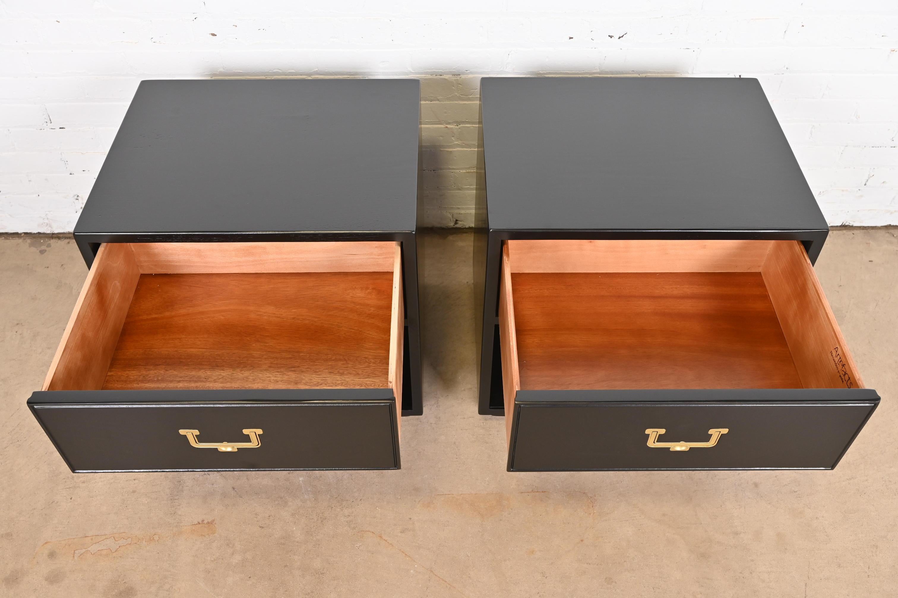 Henredon Hollywood Regency Black Lacquered Campaign Nightstands, Refinished 2