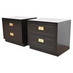 Henredon Hollywood Regency Black Lacquered Campaign Nightstands, Refinished