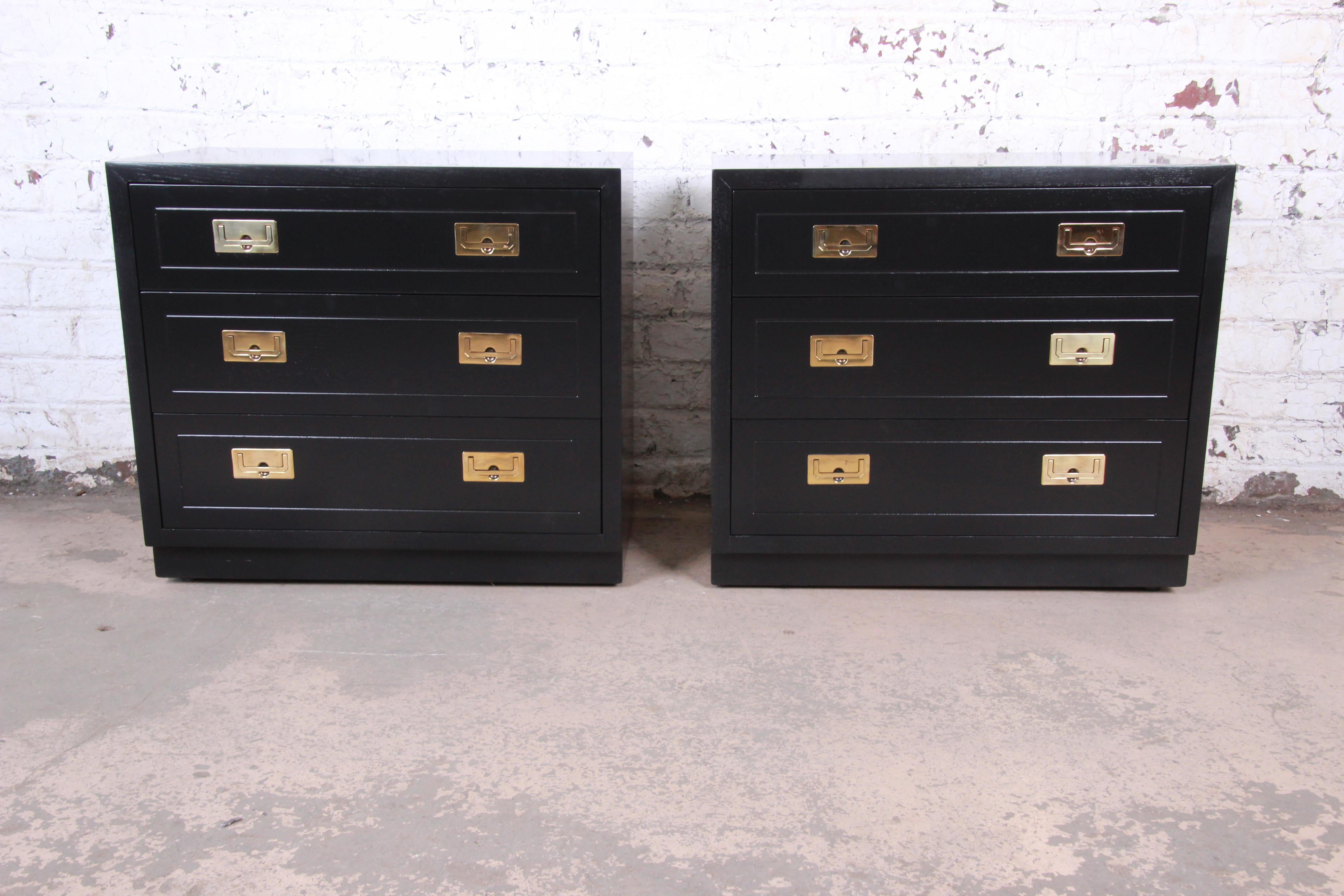 American Henredon Hollywood Regency Campaign Black Lacquered Bedside Chests, Refinished