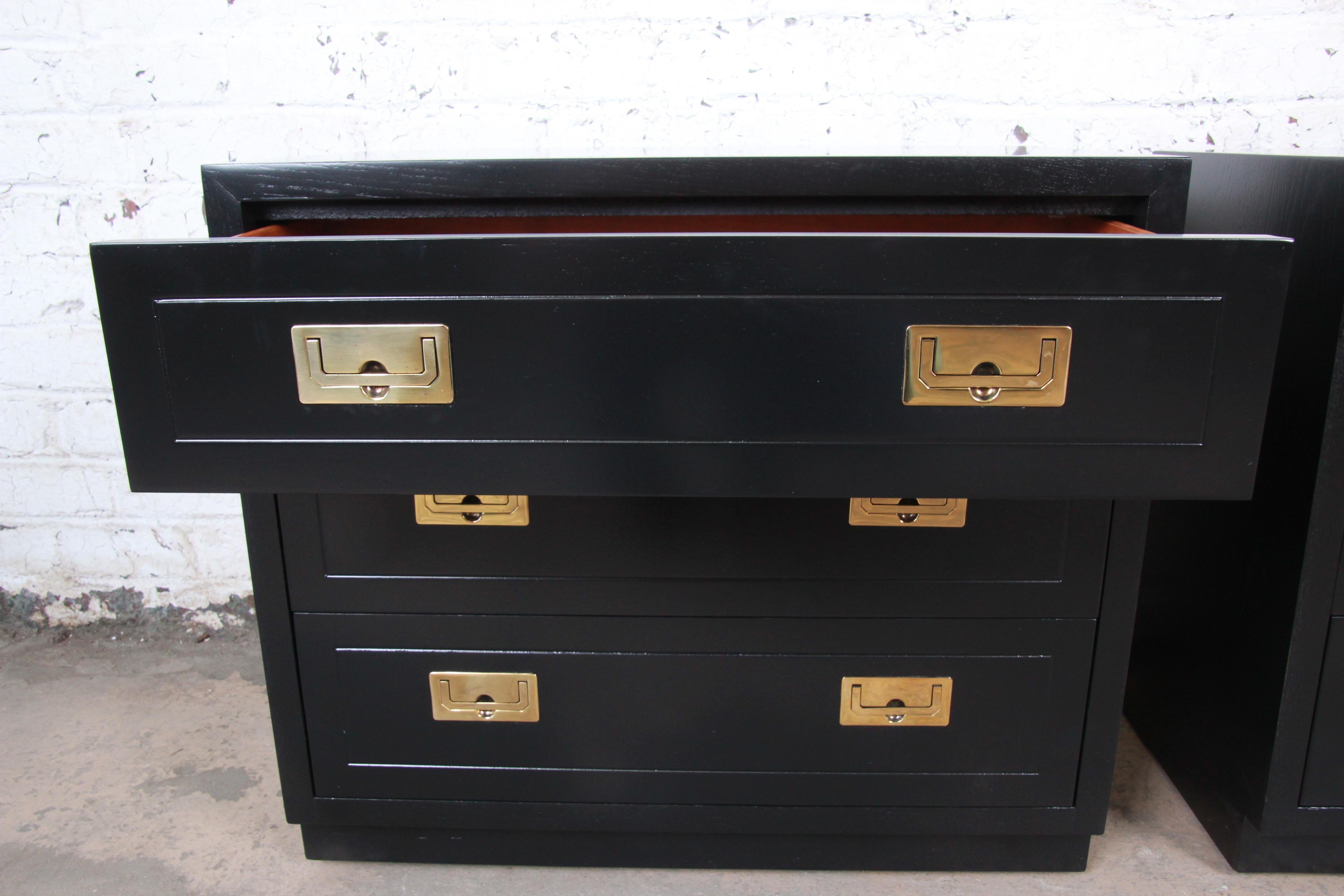 Late 20th Century Henredon Hollywood Regency Campaign Black Lacquered Bedside Chests, Refinished
