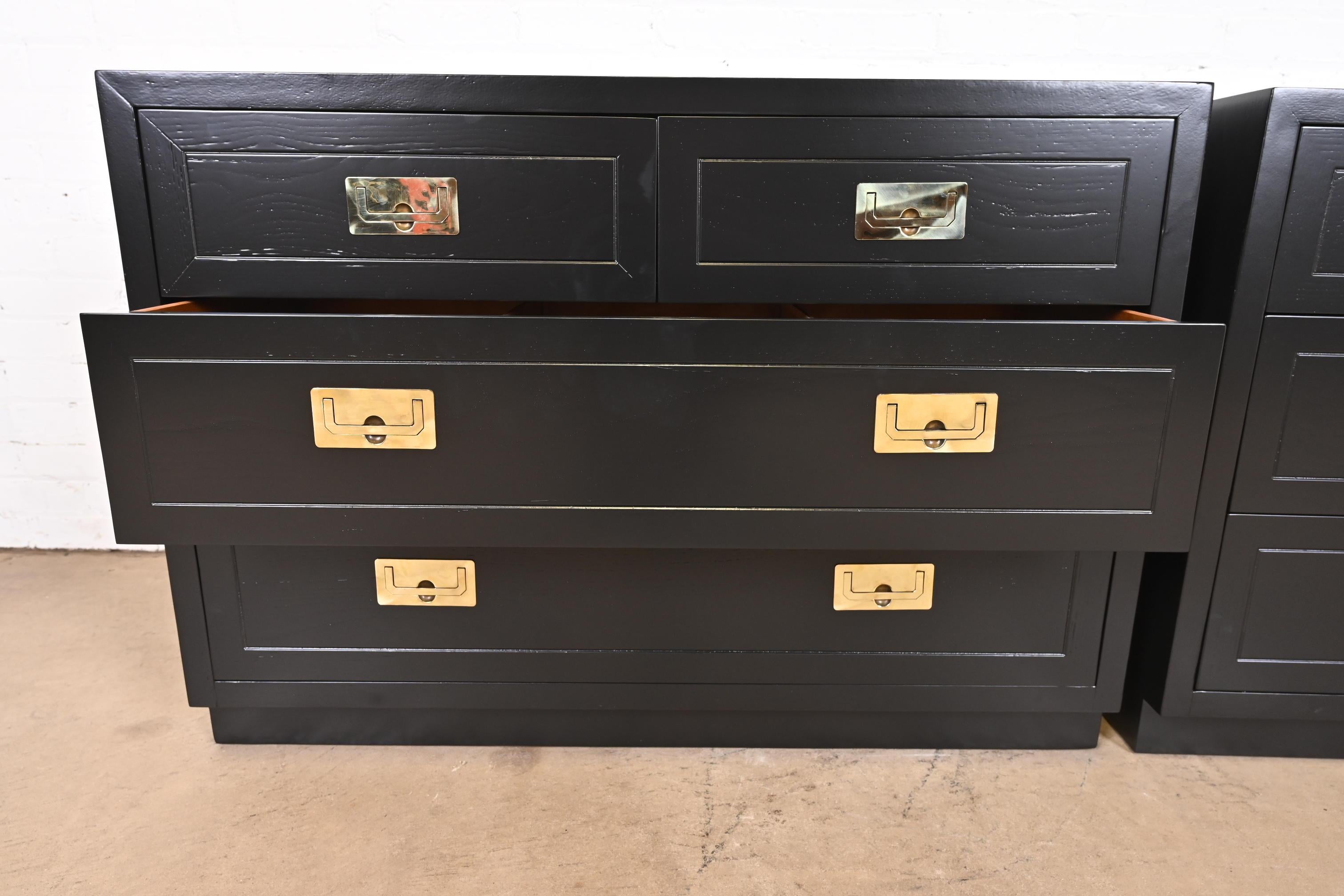 Henredon Hollywood Regency Campaign Black Lacquered Chests of Drawers, Pair 3