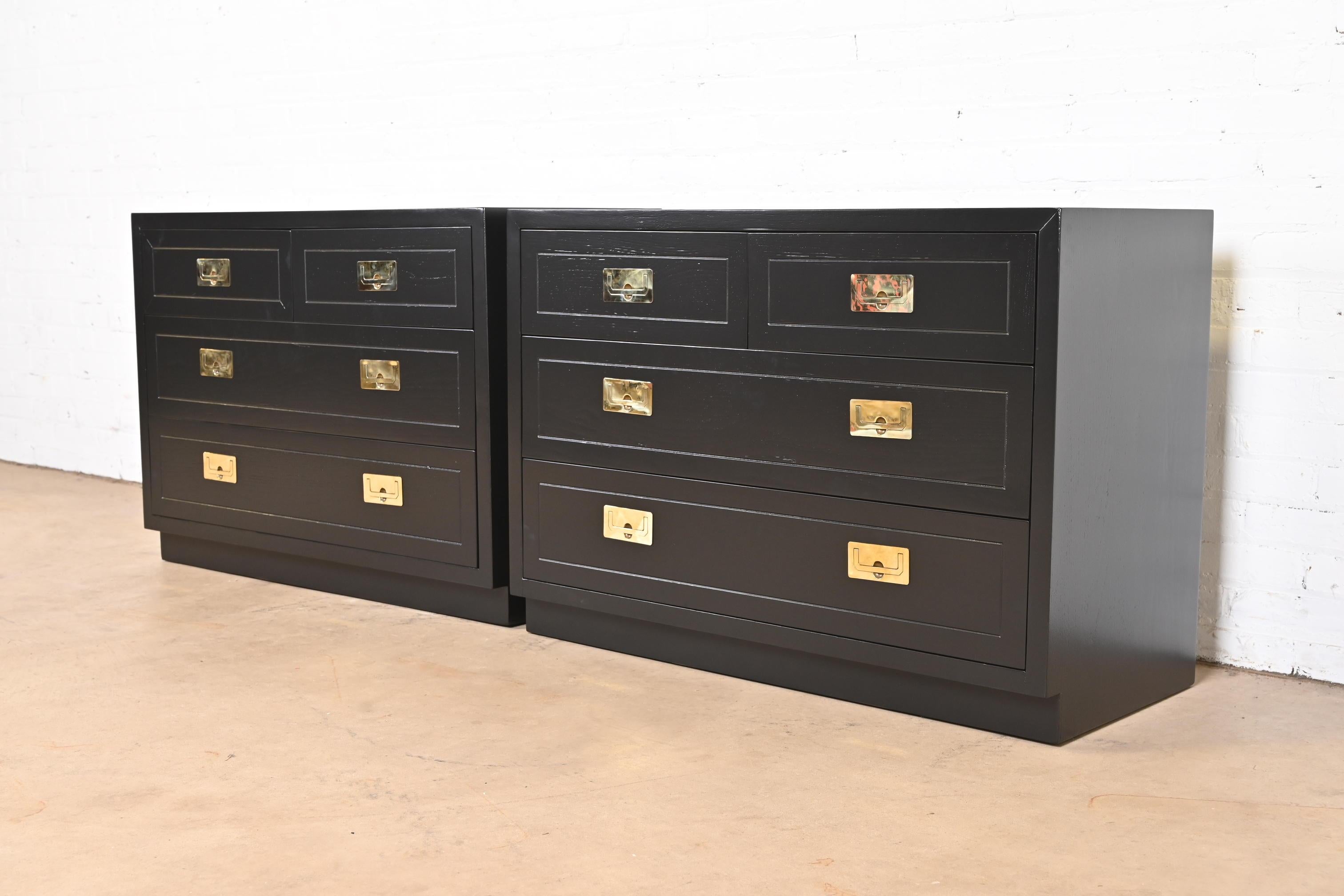 Mid-Century Modern Henredon Hollywood Regency Campaign Black Lacquered Chests of Drawers, Pair
