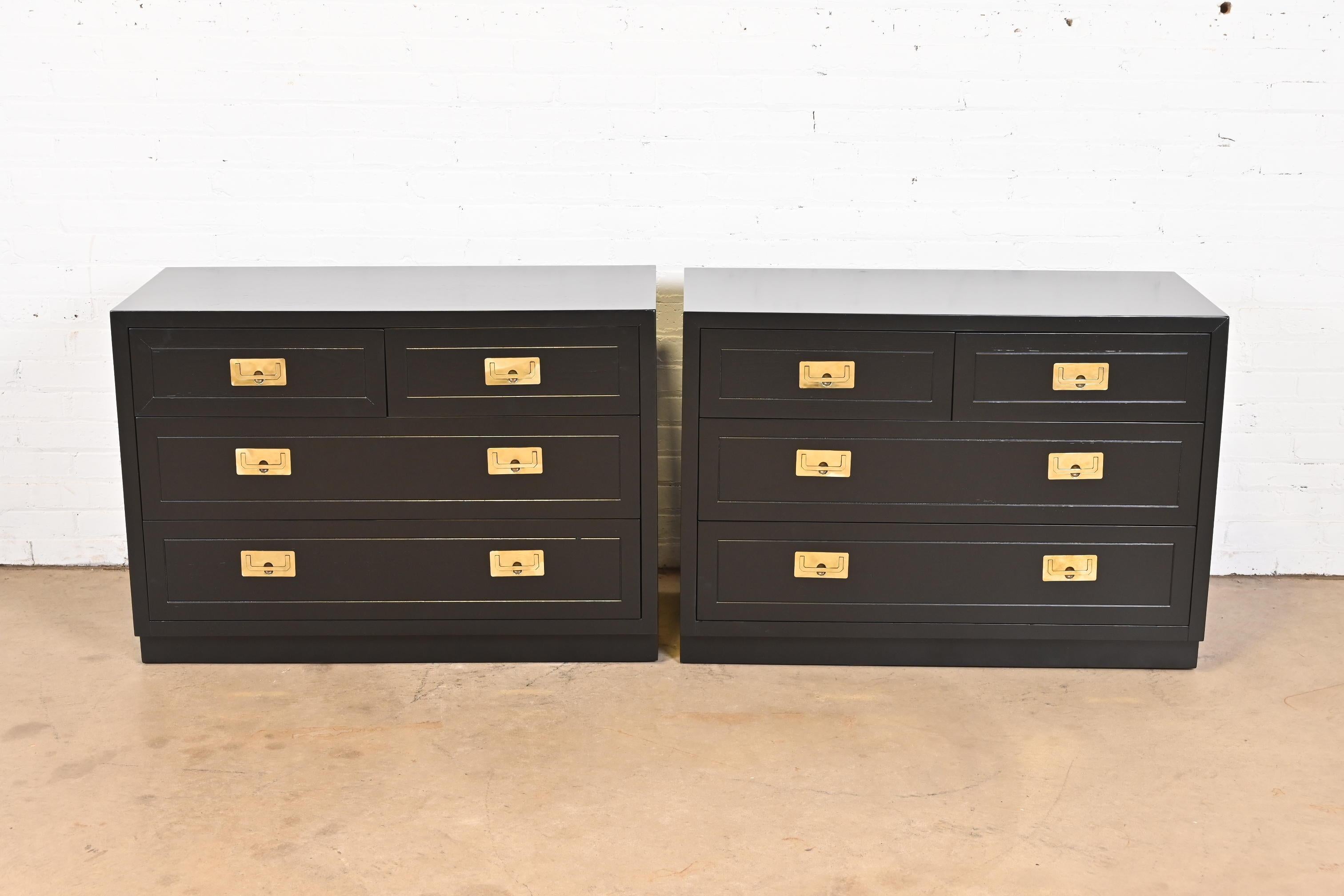 American Henredon Hollywood Regency Campaign Black Lacquered Chests of Drawers, Pair
