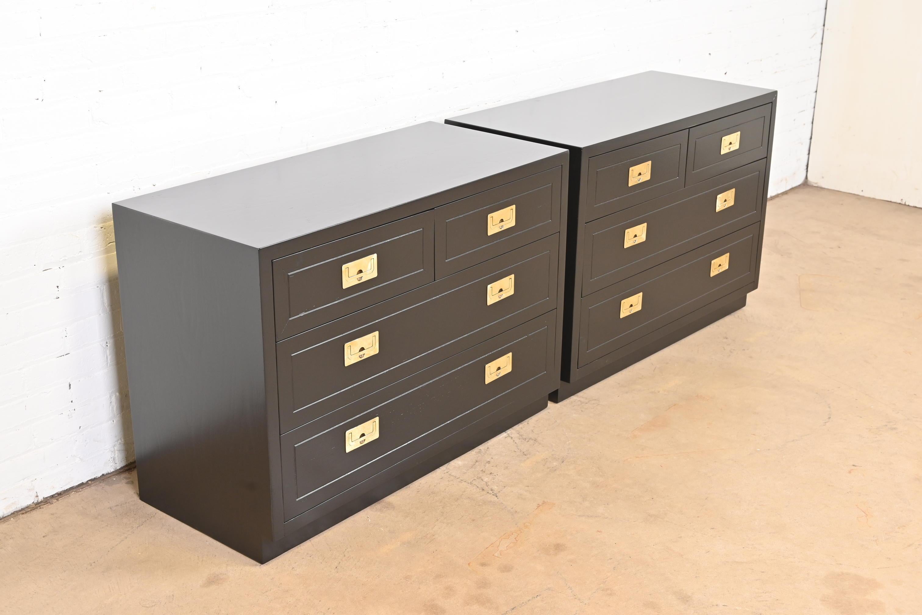 Late 20th Century Henredon Hollywood Regency Campaign Black Lacquered Chests of Drawers, Pair