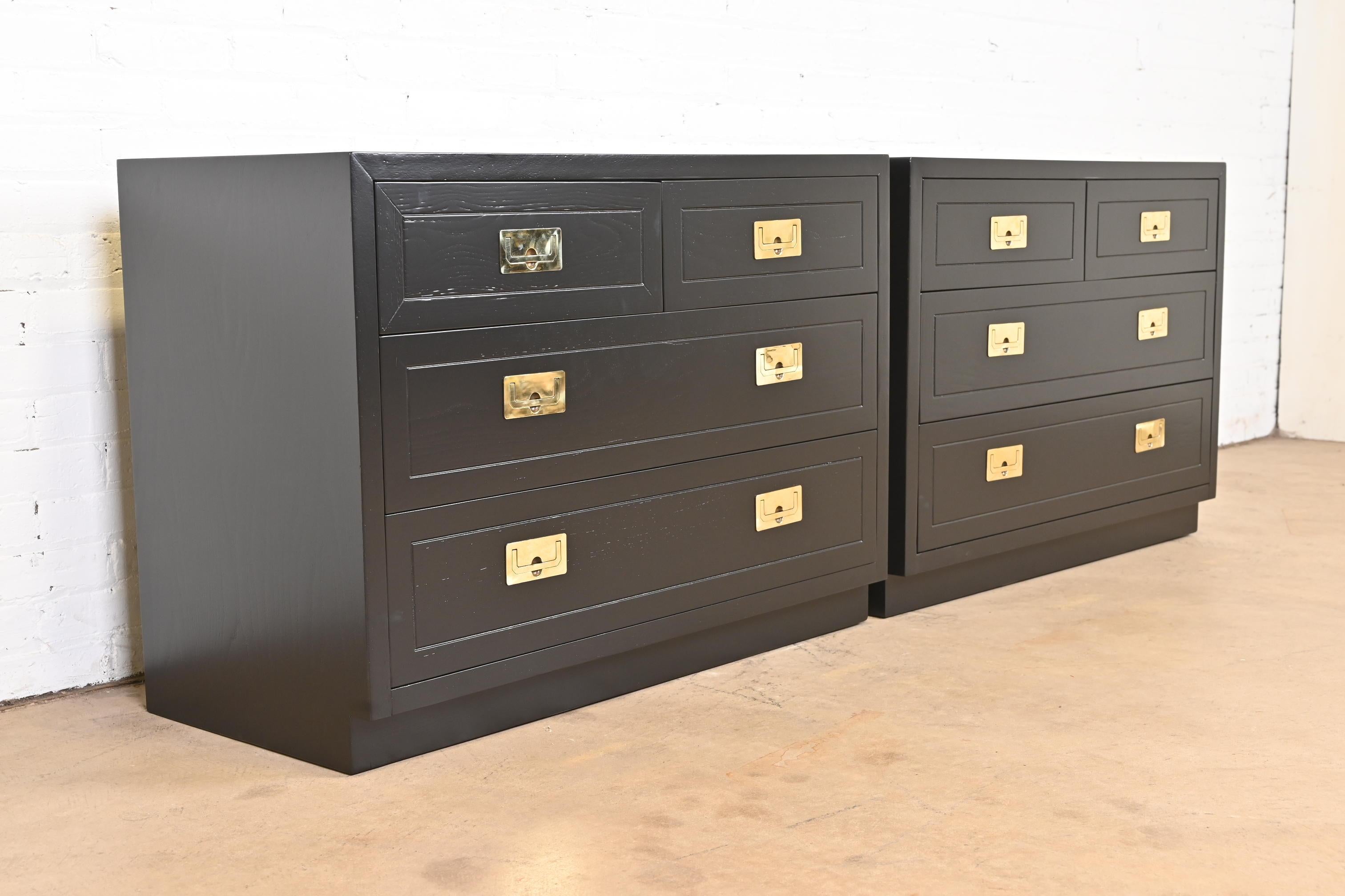 Brass Henredon Hollywood Regency Campaign Black Lacquered Chests of Drawers, Pair