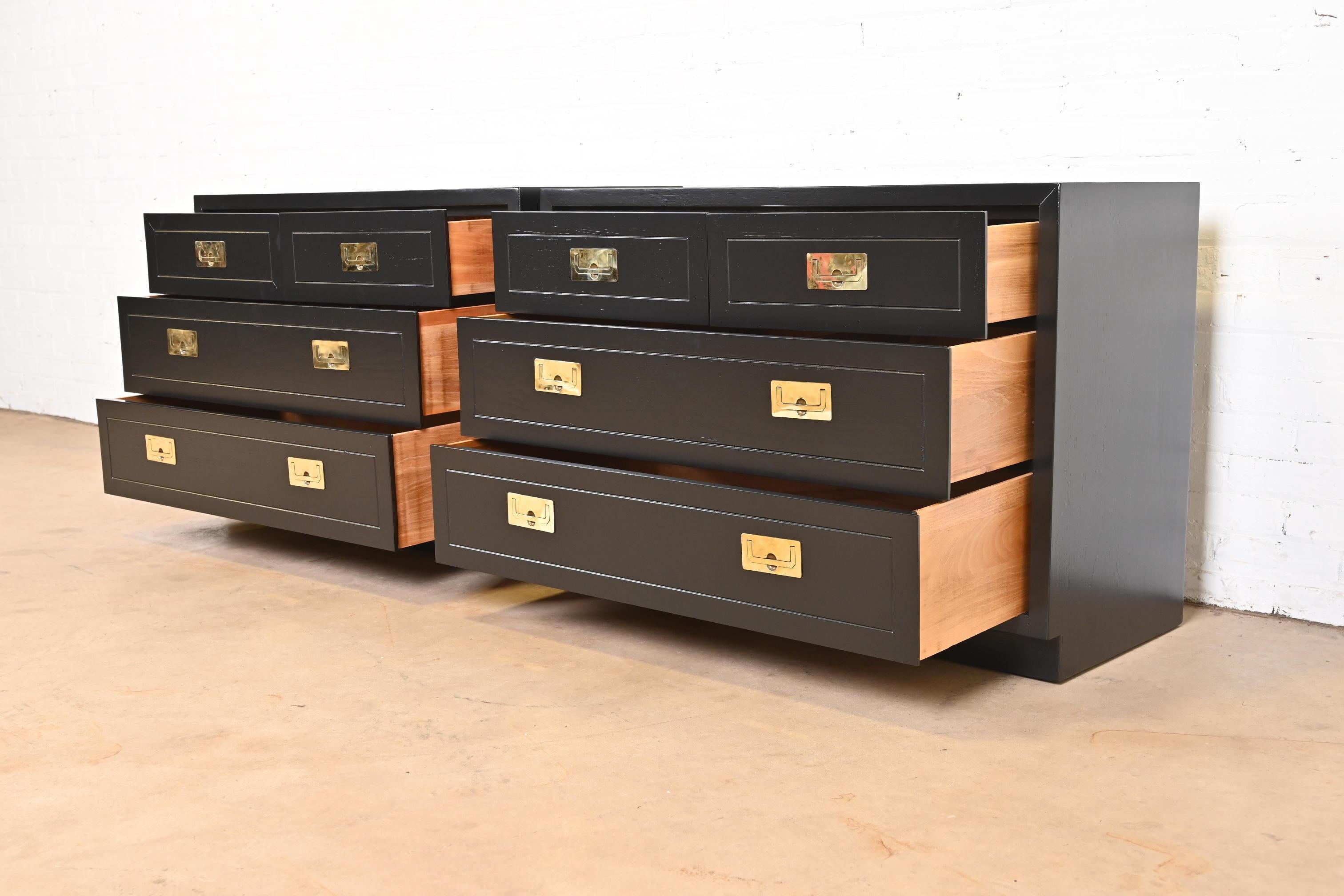 Henredon Hollywood Regency Campaign Black Lacquered Chests of Drawers, Pair 1