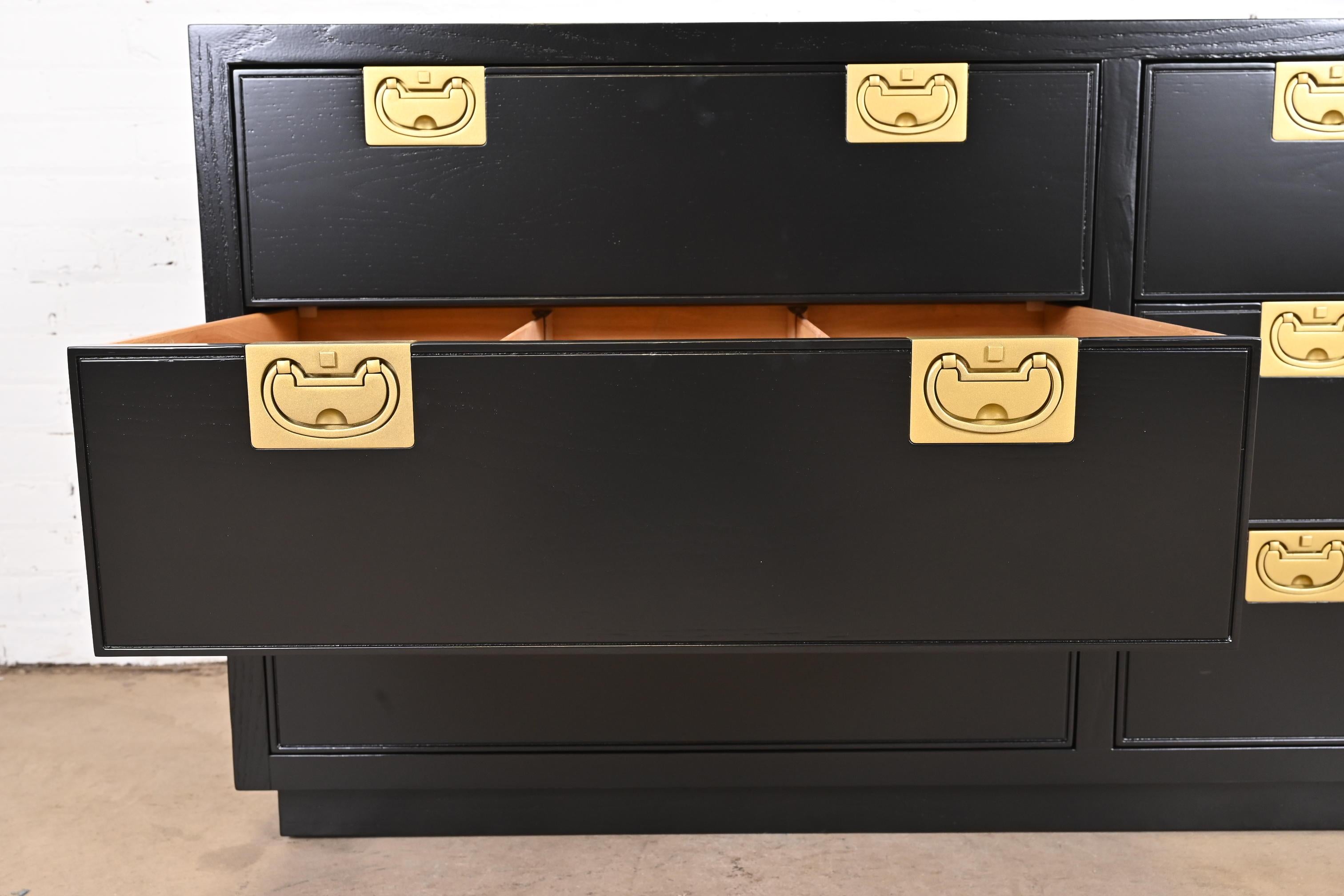 Henredon Hollywood Regency Campaign Black Lacquered Dresser, Newly Refinished For Sale 4