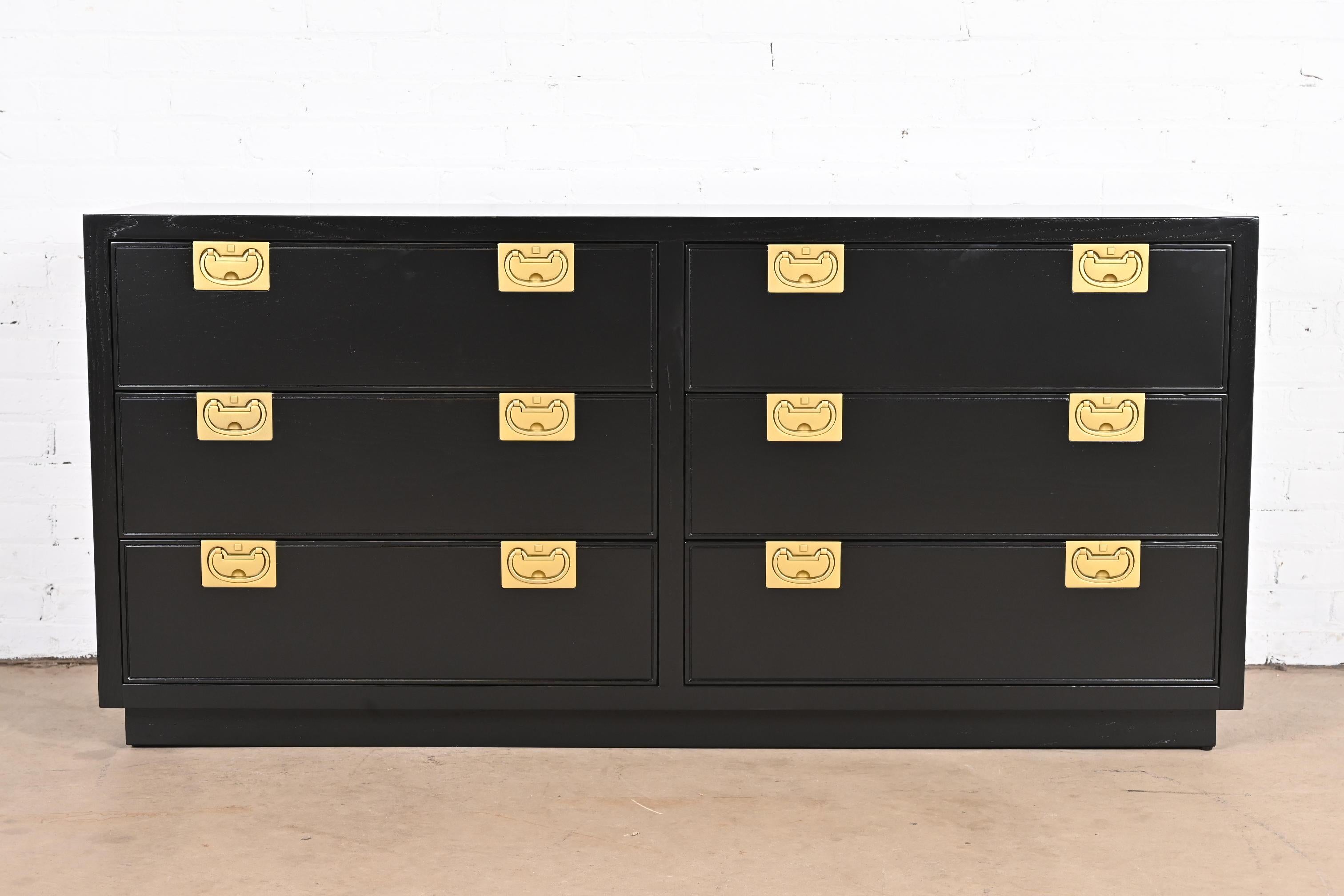 American Henredon Hollywood Regency Campaign Black Lacquered Dresser, Newly Refinished For Sale