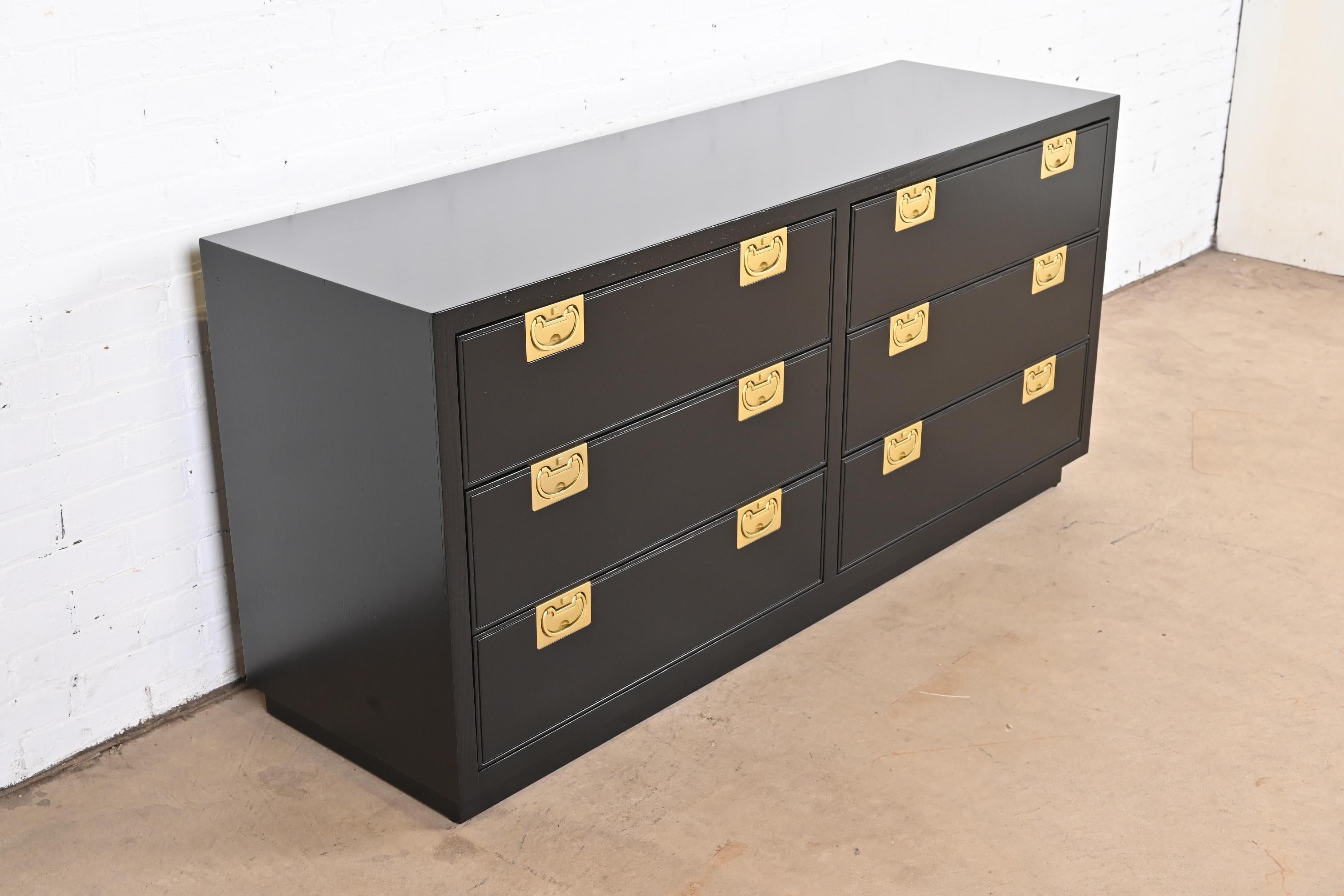 Late 20th Century Henredon Hollywood Regency Campaign Black Lacquered Dresser, Newly Refinished For Sale