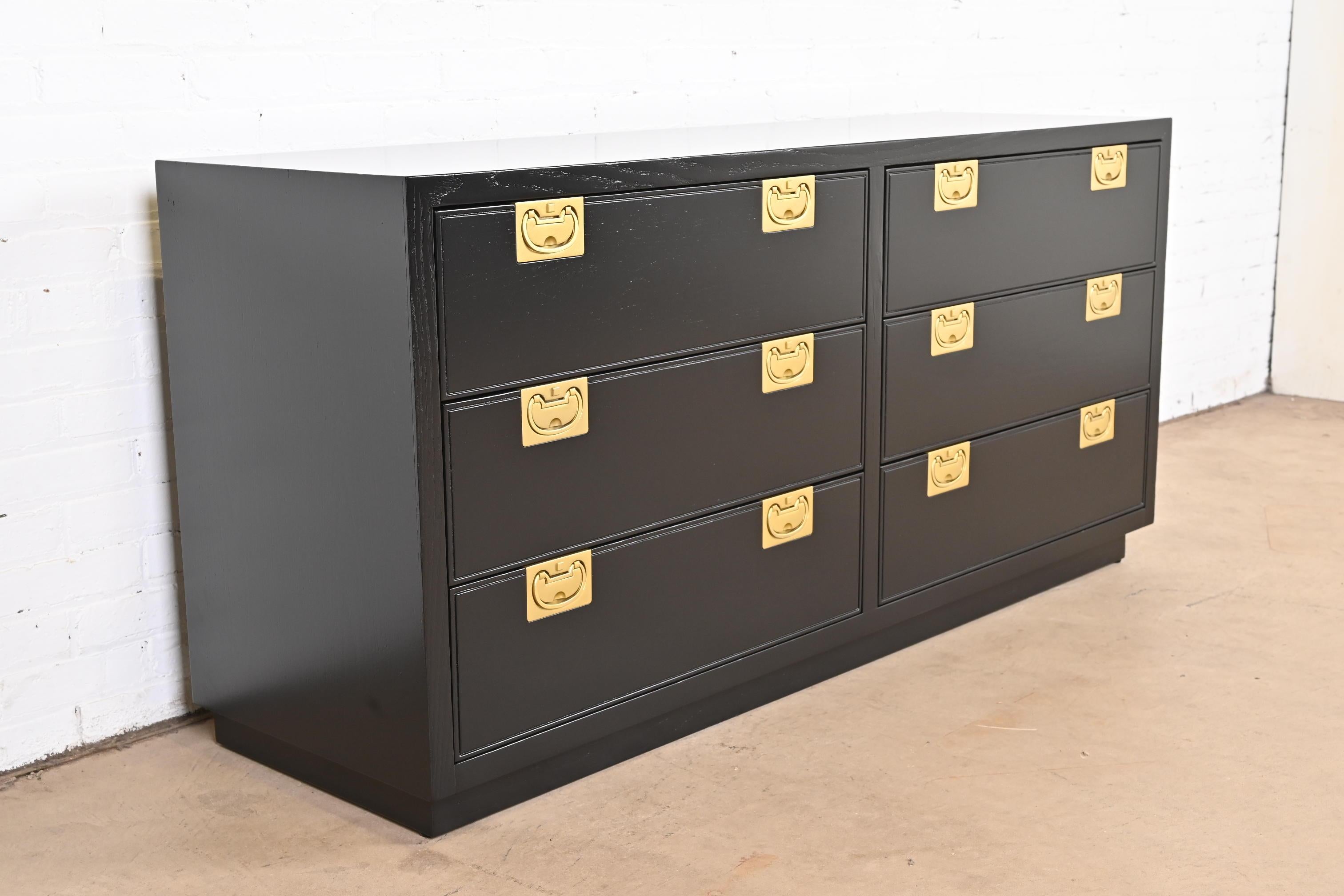 Ash Henredon Hollywood Regency Campaign Black Lacquered Dresser, Newly Refinished For Sale