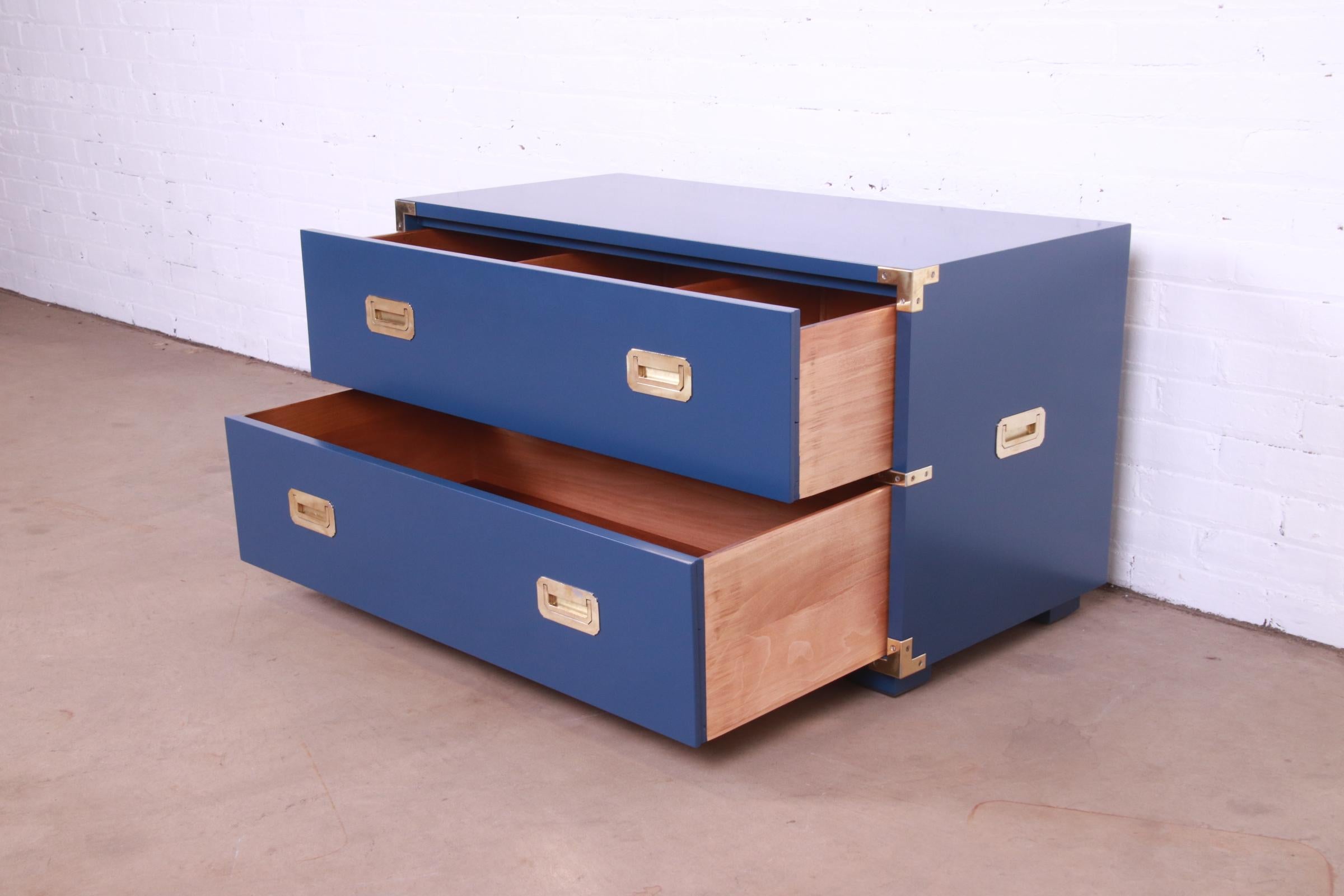Henredon Hollywood Regency Campaign Blue Lacquered Chest of Drawers, Refinished For Sale 2