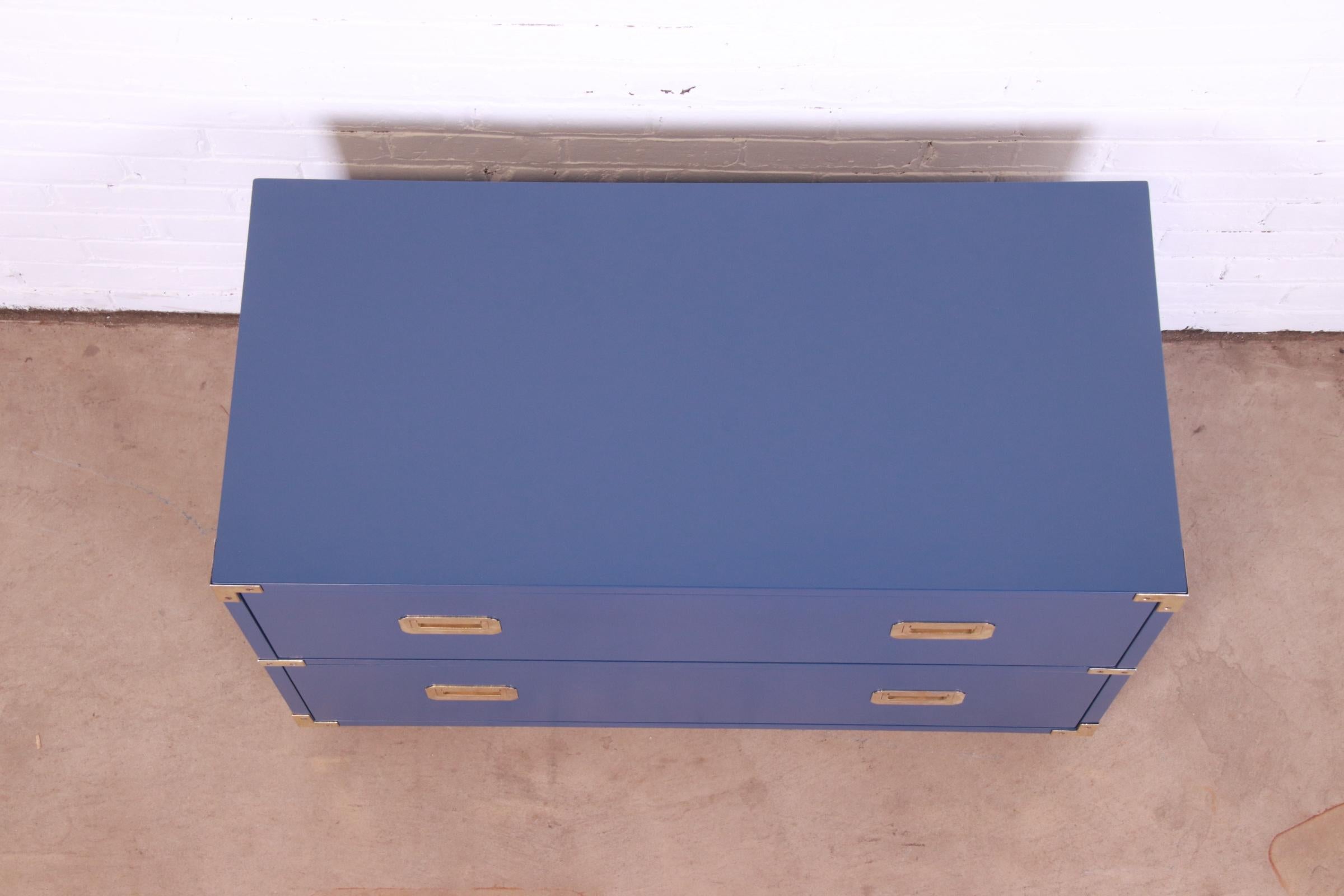 Henredon Hollywood Regency Campaign Blue Lacquered Chest of Drawers, Refinished For Sale 7