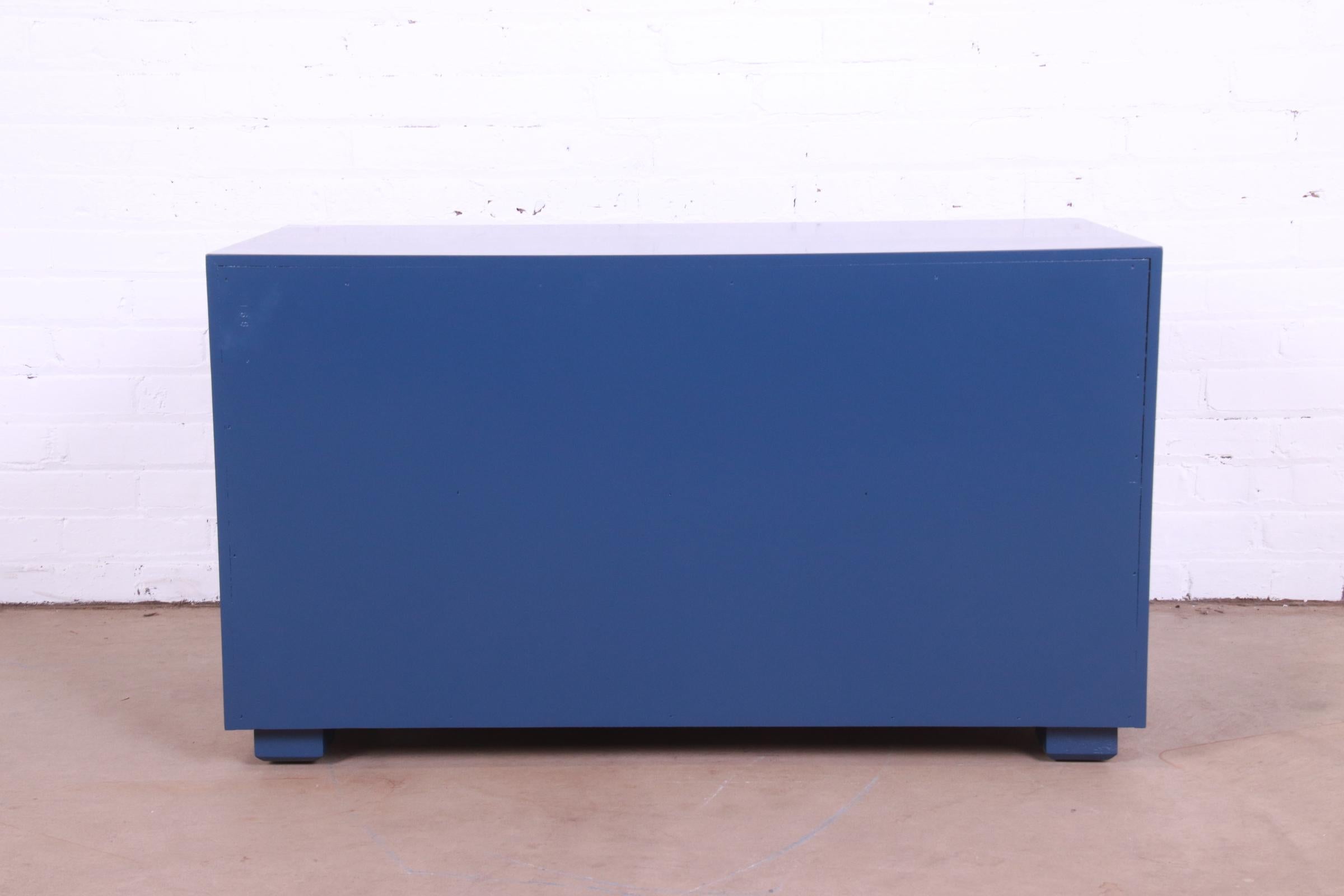 Henredon Hollywood Regency Campaign Blue Lacquered Chest of Drawers, Refinished For Sale 9