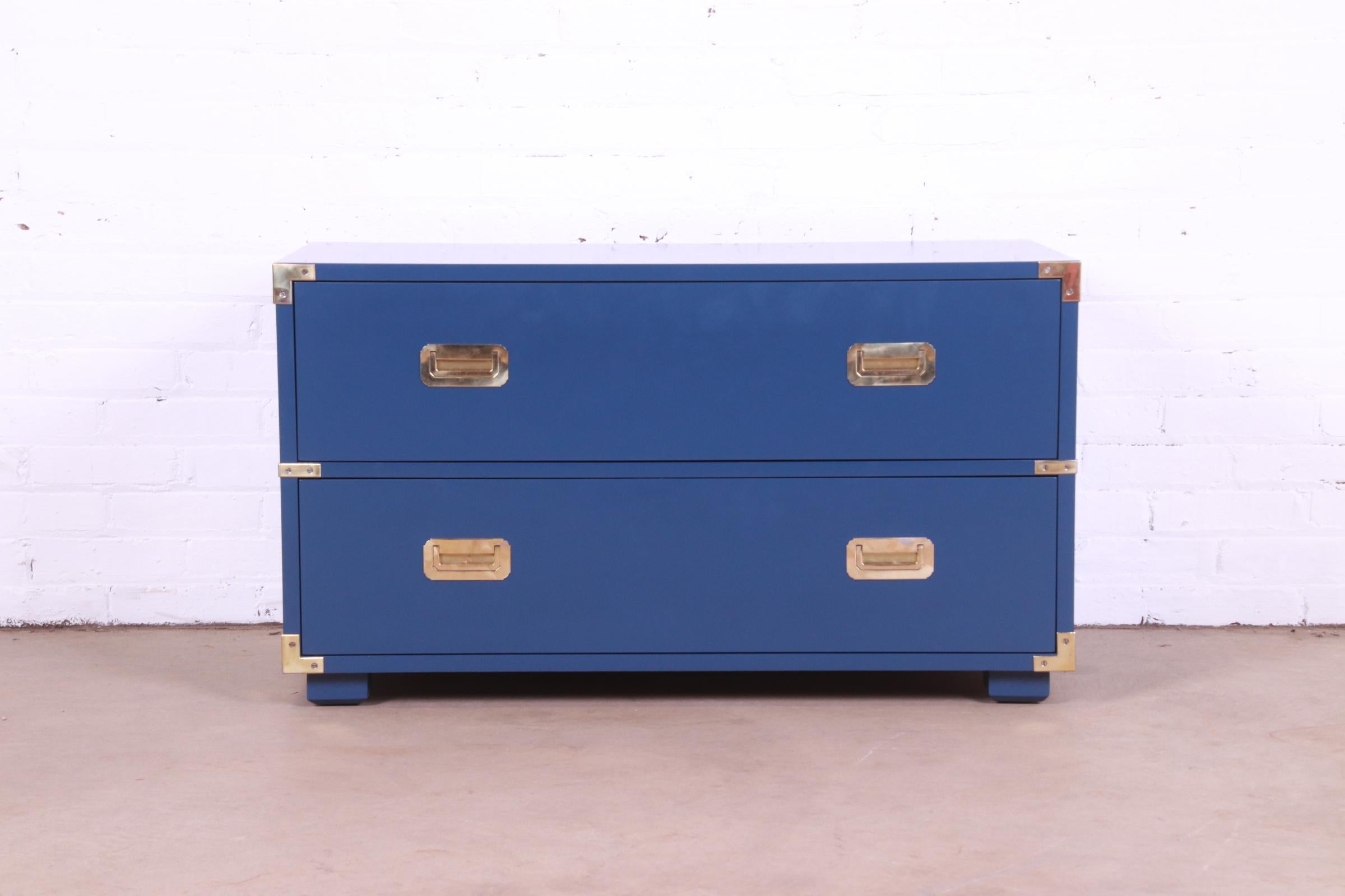 American Henredon Hollywood Regency Campaign Blue Lacquered Chest of Drawers, Refinished For Sale