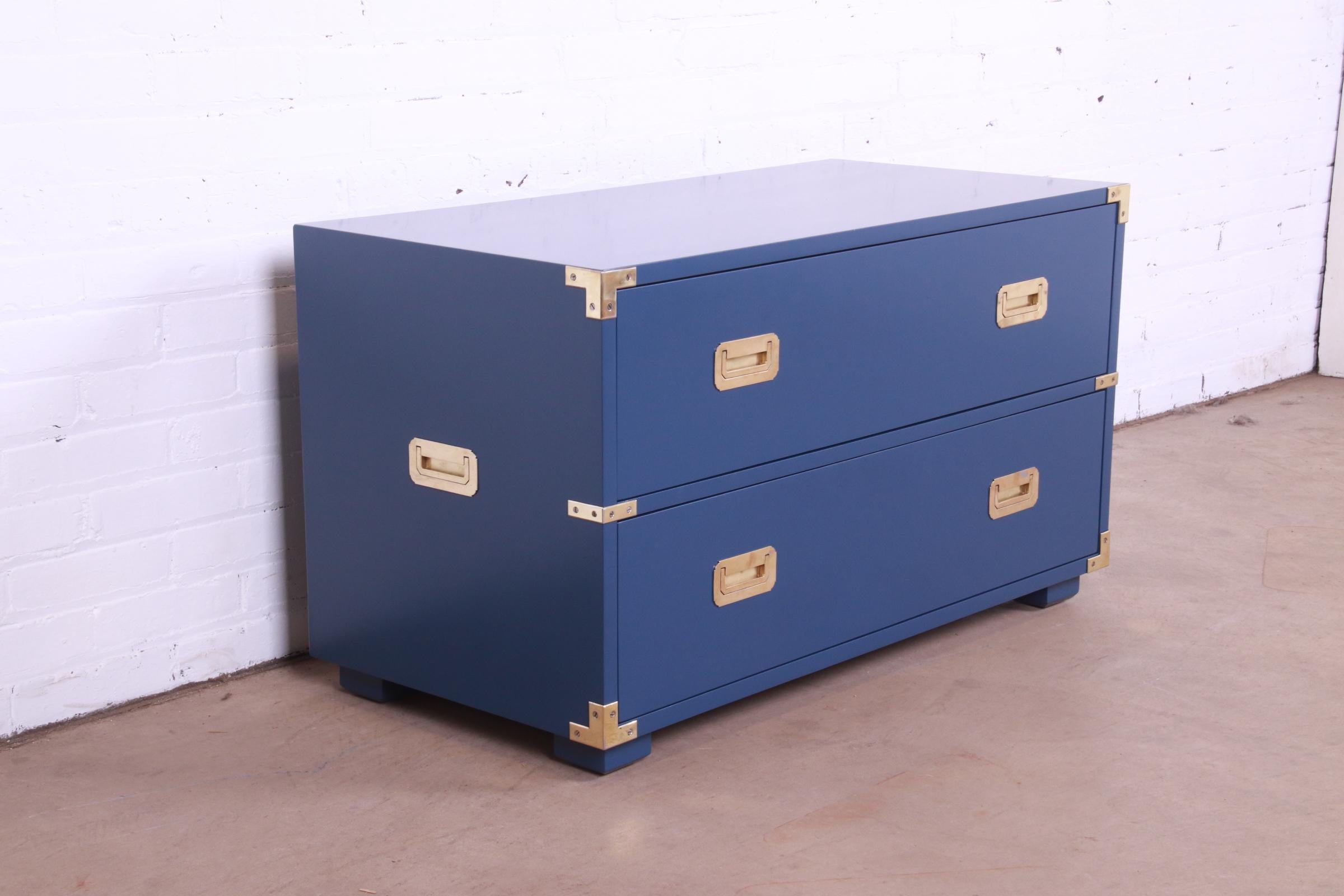 Mid-20th Century Henredon Hollywood Regency Campaign Blue Lacquered Chest of Drawers, Refinished For Sale
